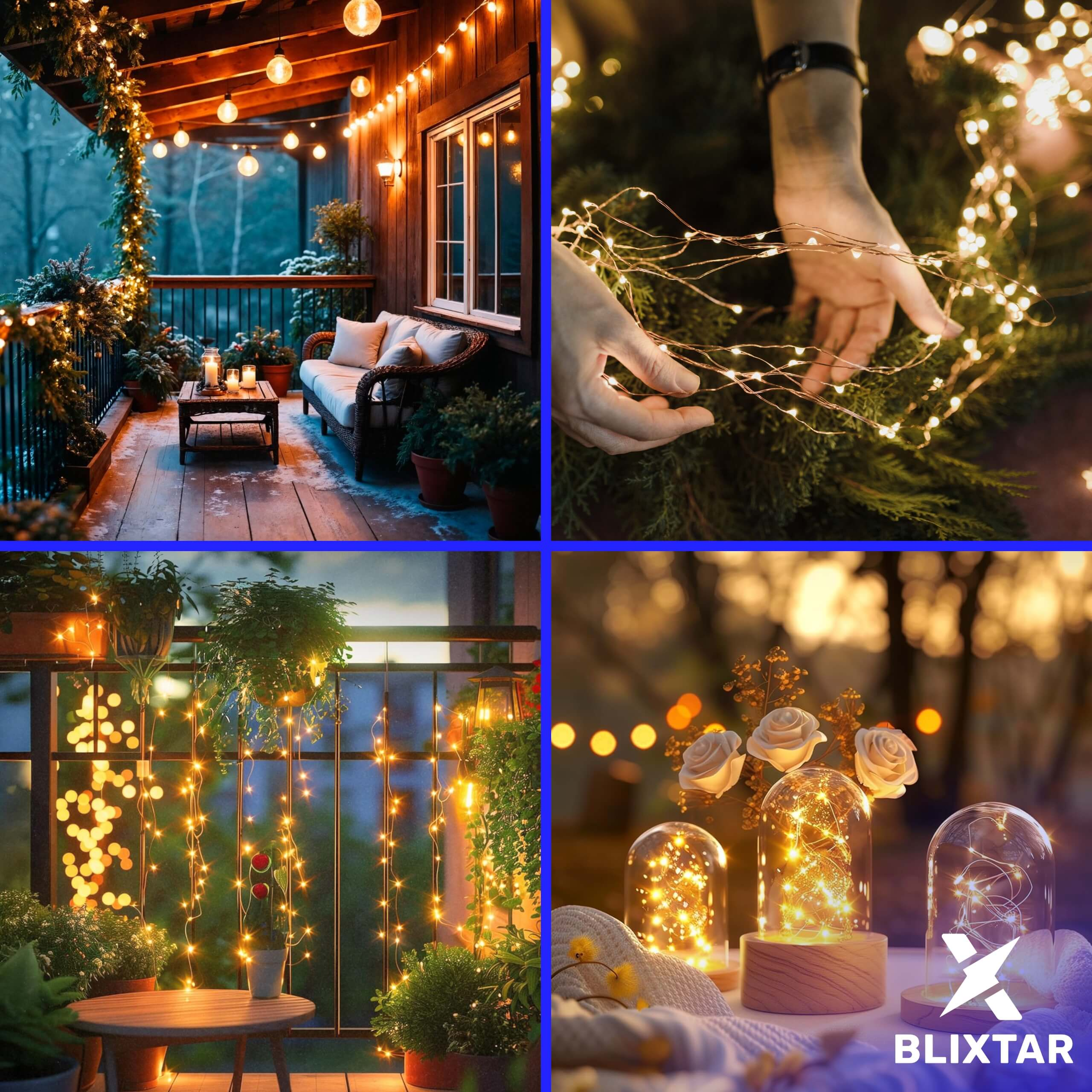 Wiele zdjęć przedstawiających lampki choinkowe w różnych ustawieniach. Na werandzie, w dłoniach, na balkonie i w szklanych kopułach.