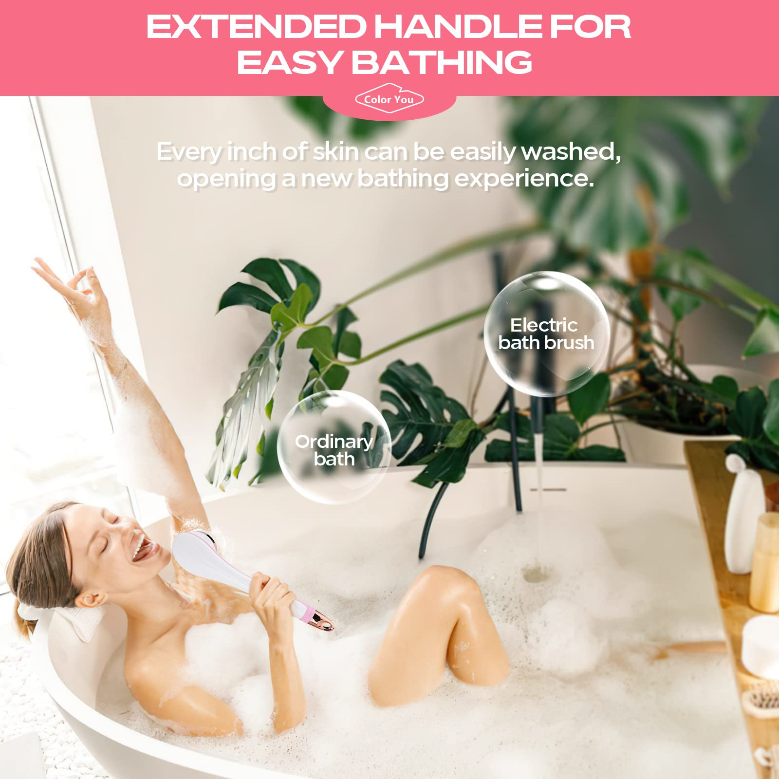 Eine Frau in einer Badewanne benutzt eine elektrische Badebürste. Die Szene enthält Blasen und Pflanzen.