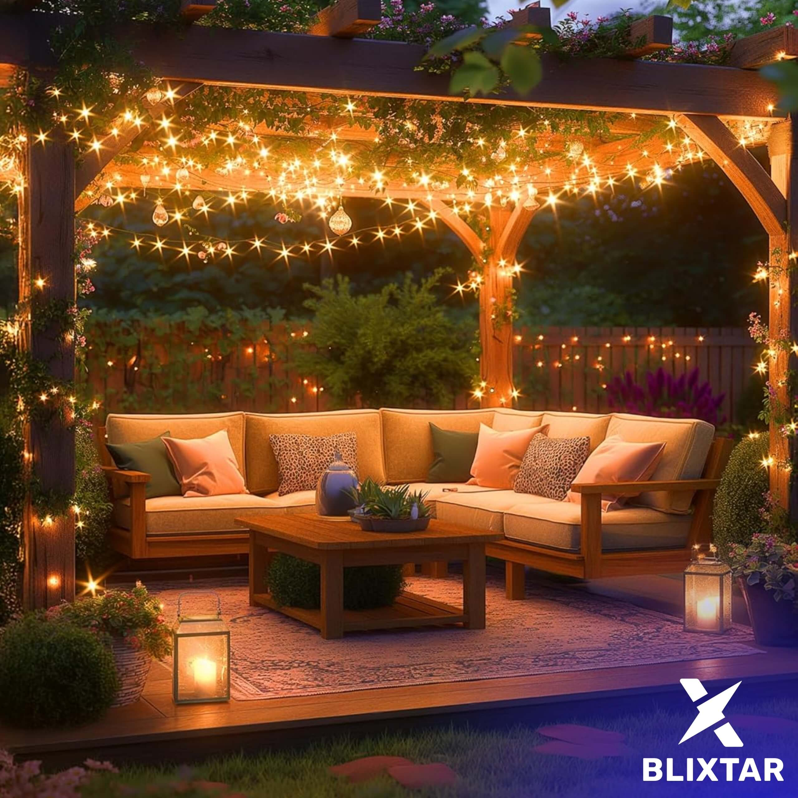 Patio na zewnątrz z drewnianą pergolą, miejscami do siedzenia, światłami i stołem.