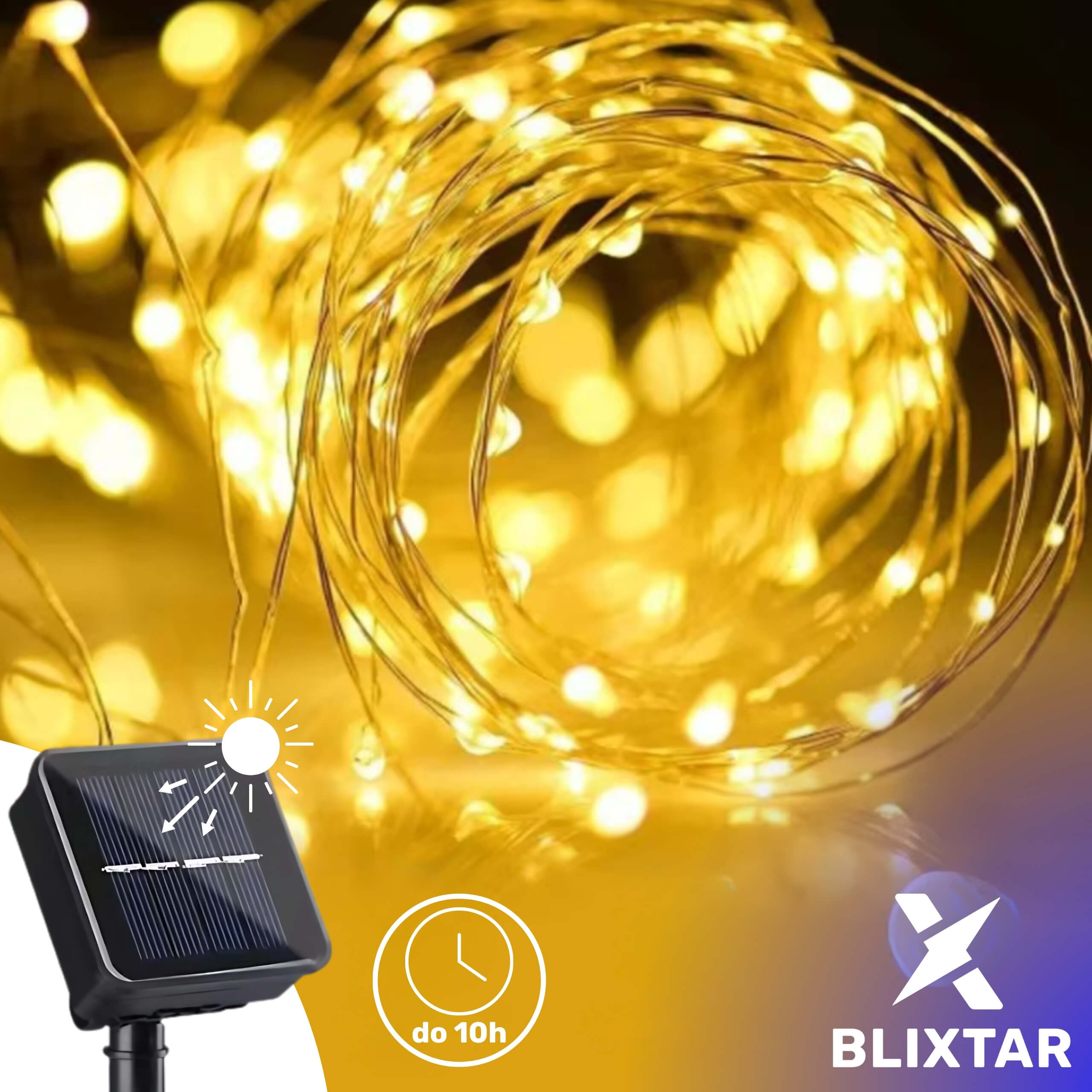 Światła sznurkowe na rolce, panel słoneczny po lewej. Etykieta: Blixtar.