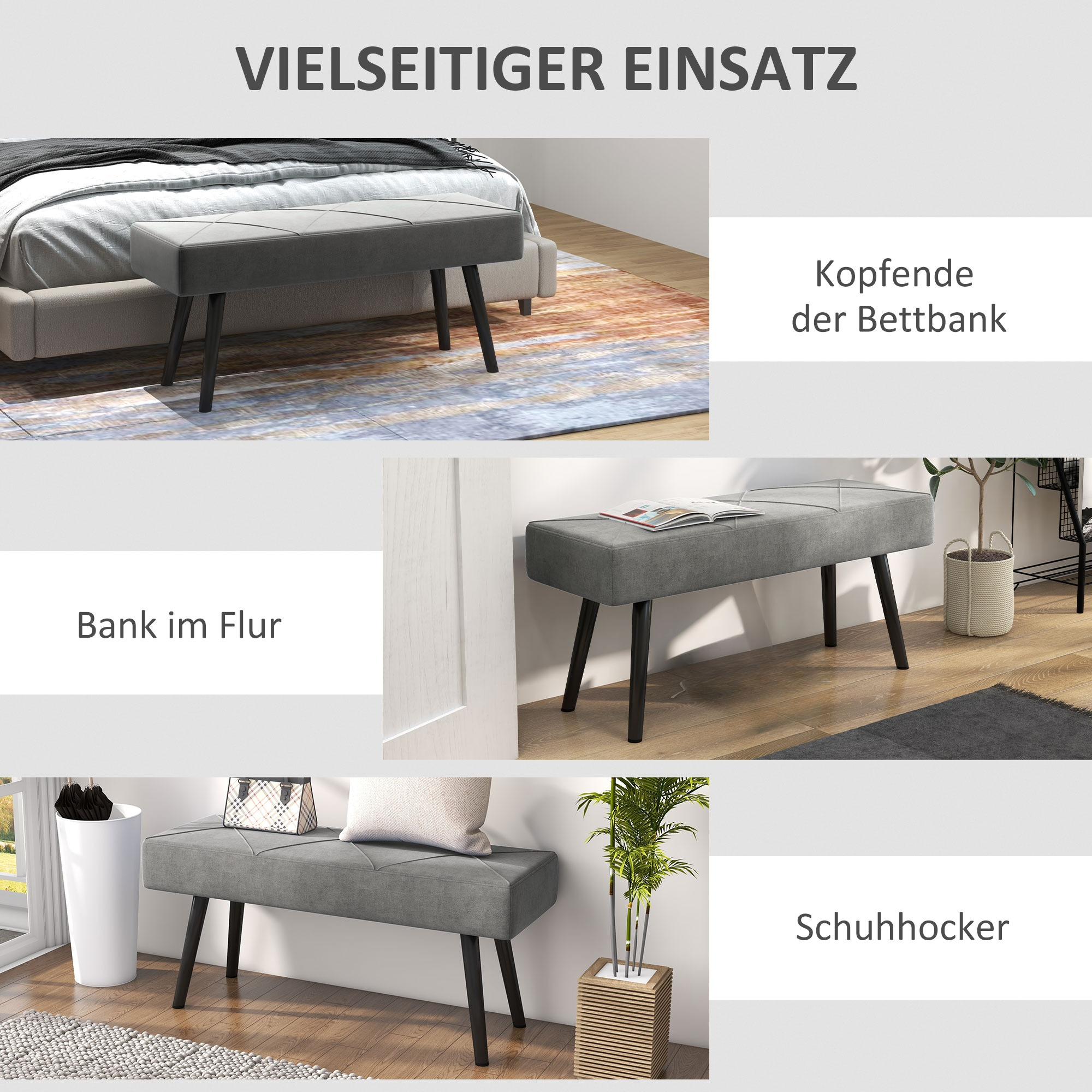 Eine Collage, die eine graue Bank in verschiedenen Umgebungen zeigt: Schlafzimmer, Flur und als Schuhbank.