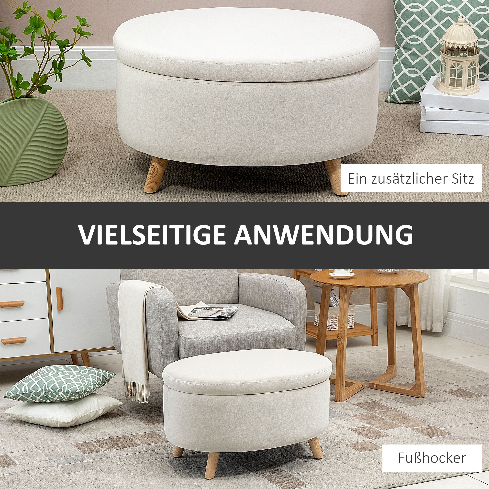 Zwei Bilder eines beigen Hockers mit Holzbeinen, in verschiedenen Umgebungen gezeigt. Es ist ein vielseitiges Stück.