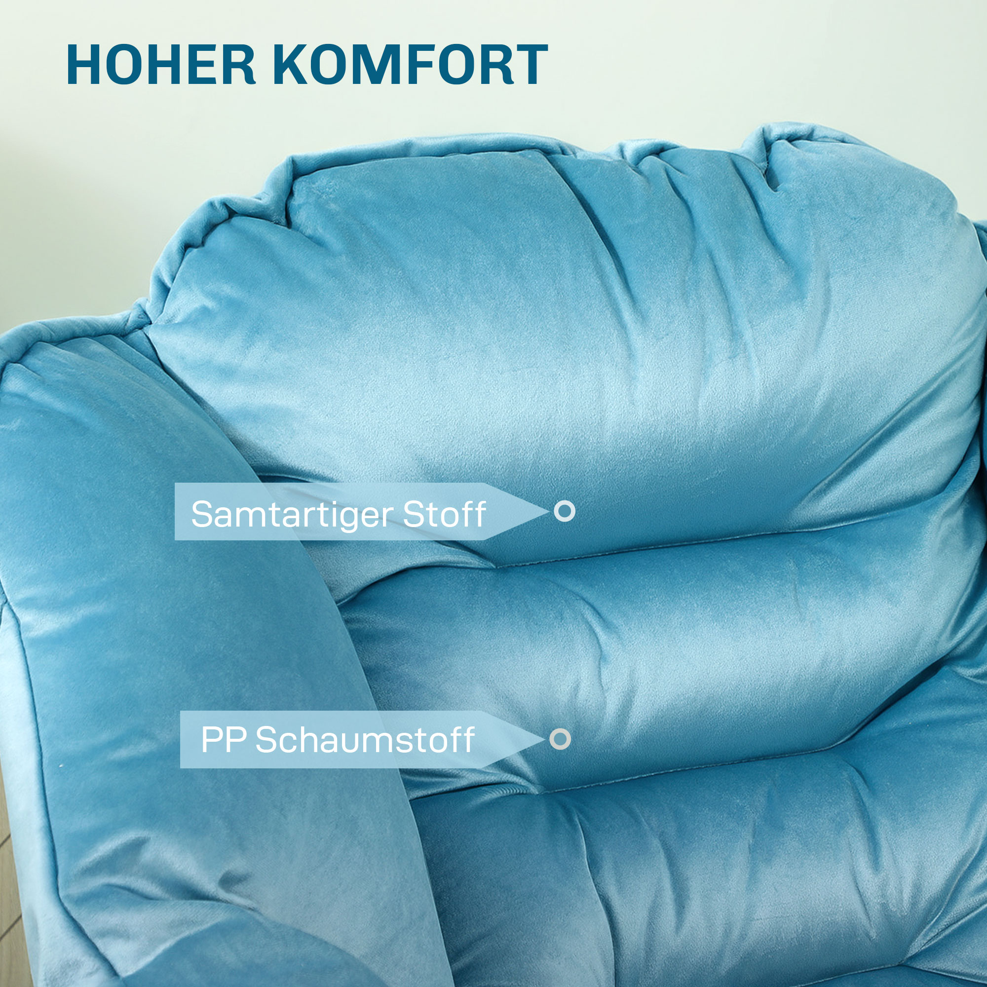 Ein blauer gepolsterter Stuhl. Text deutet auf samtigen Stoff und Schaum hin.