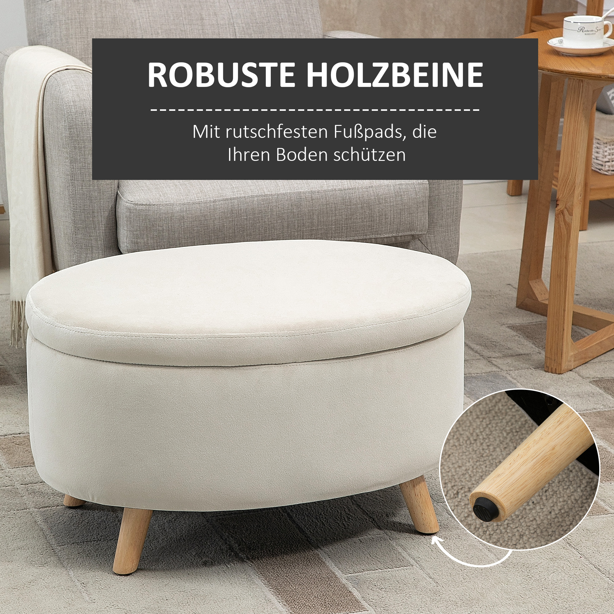 Ein ovaler Hocker mit Holzbeinen. Text: 'Robuste Holzbeine'.