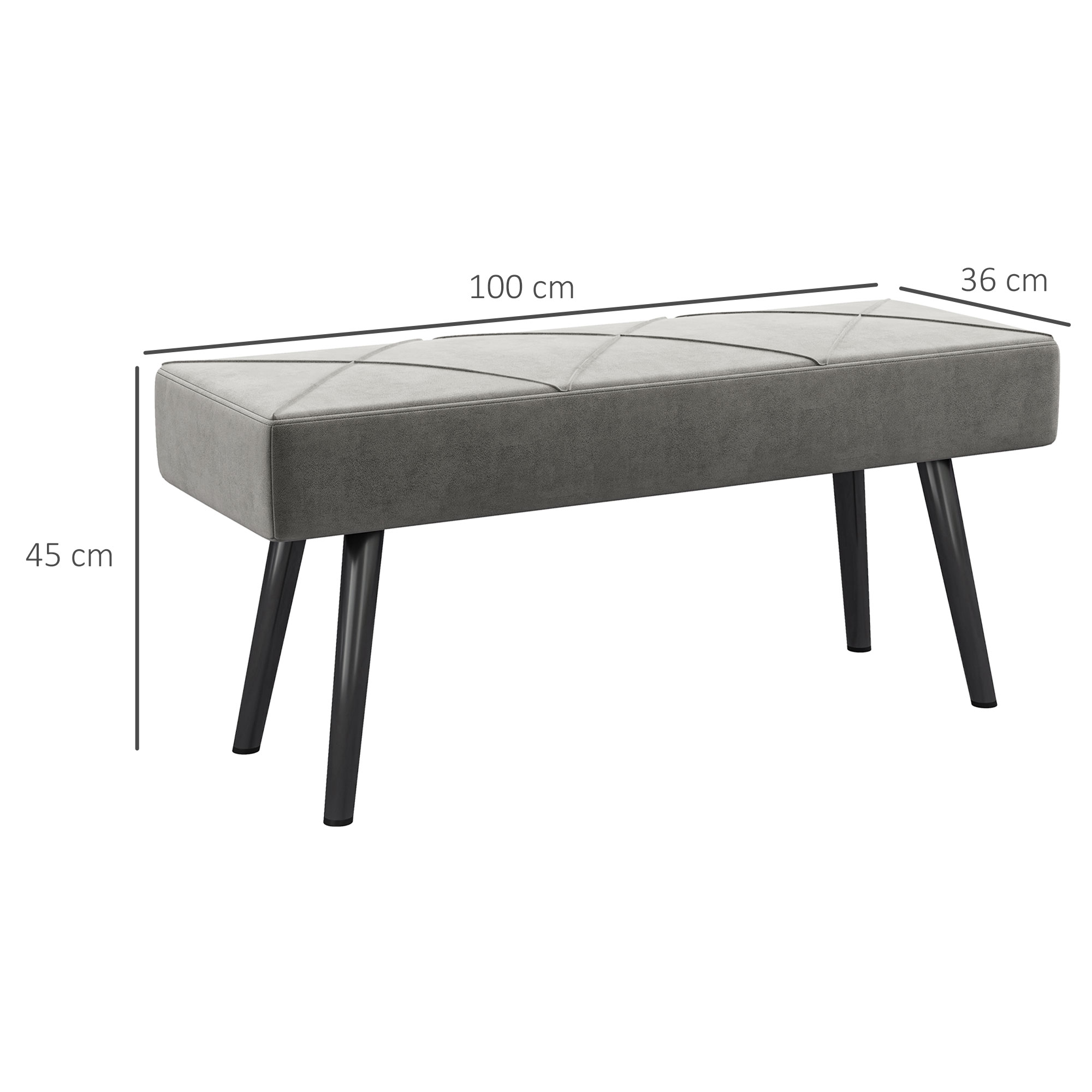 Graue Bank mit schwarzen Beinen. Maße: 100 cm lang, 36 cm breit und 45 cm hoch.