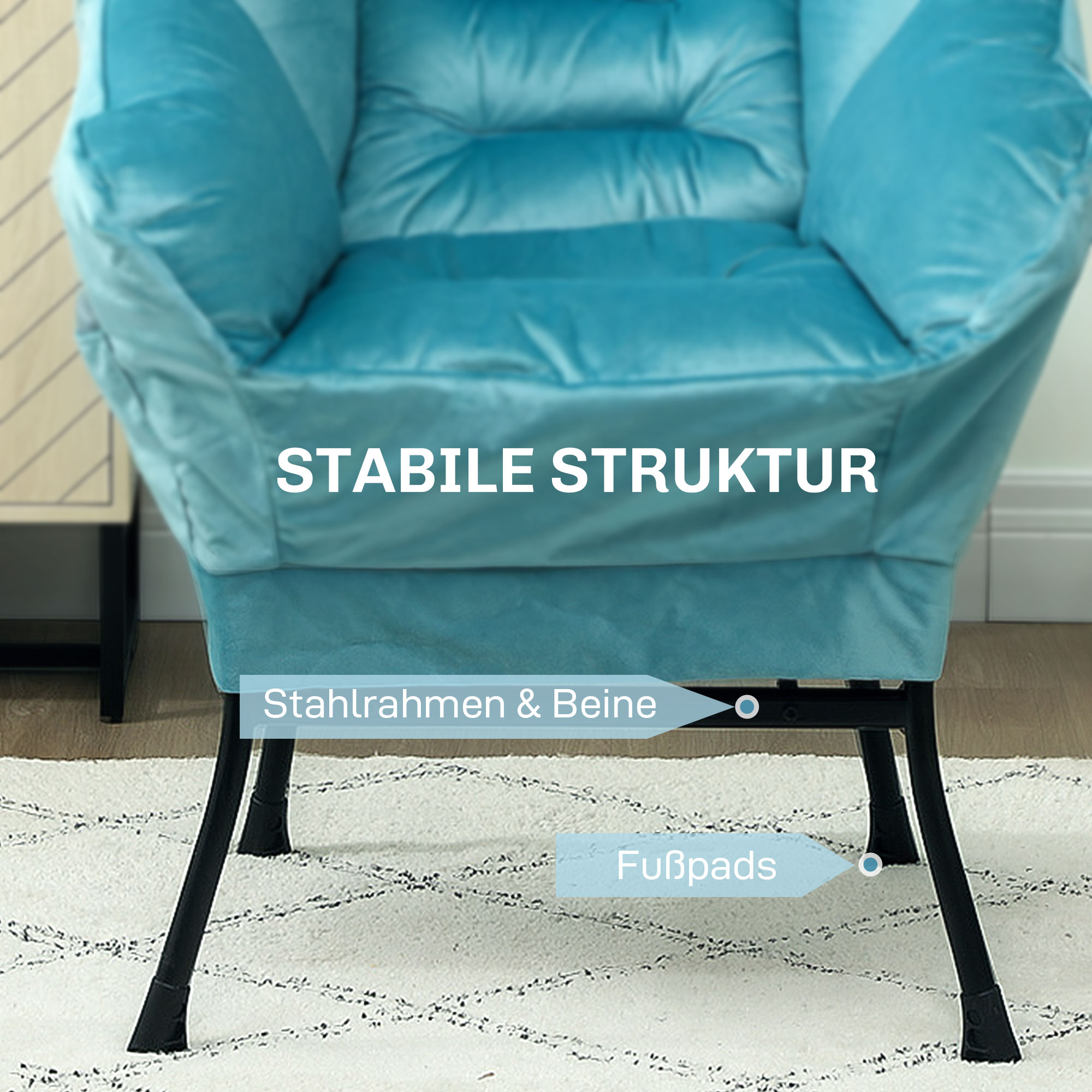 Ein blauer Sessel mit schwarzen Beinen. Text lautet 'STABILE STRUKTUR', 'Stahlrahmen & Beine' und 'Fußpads'.