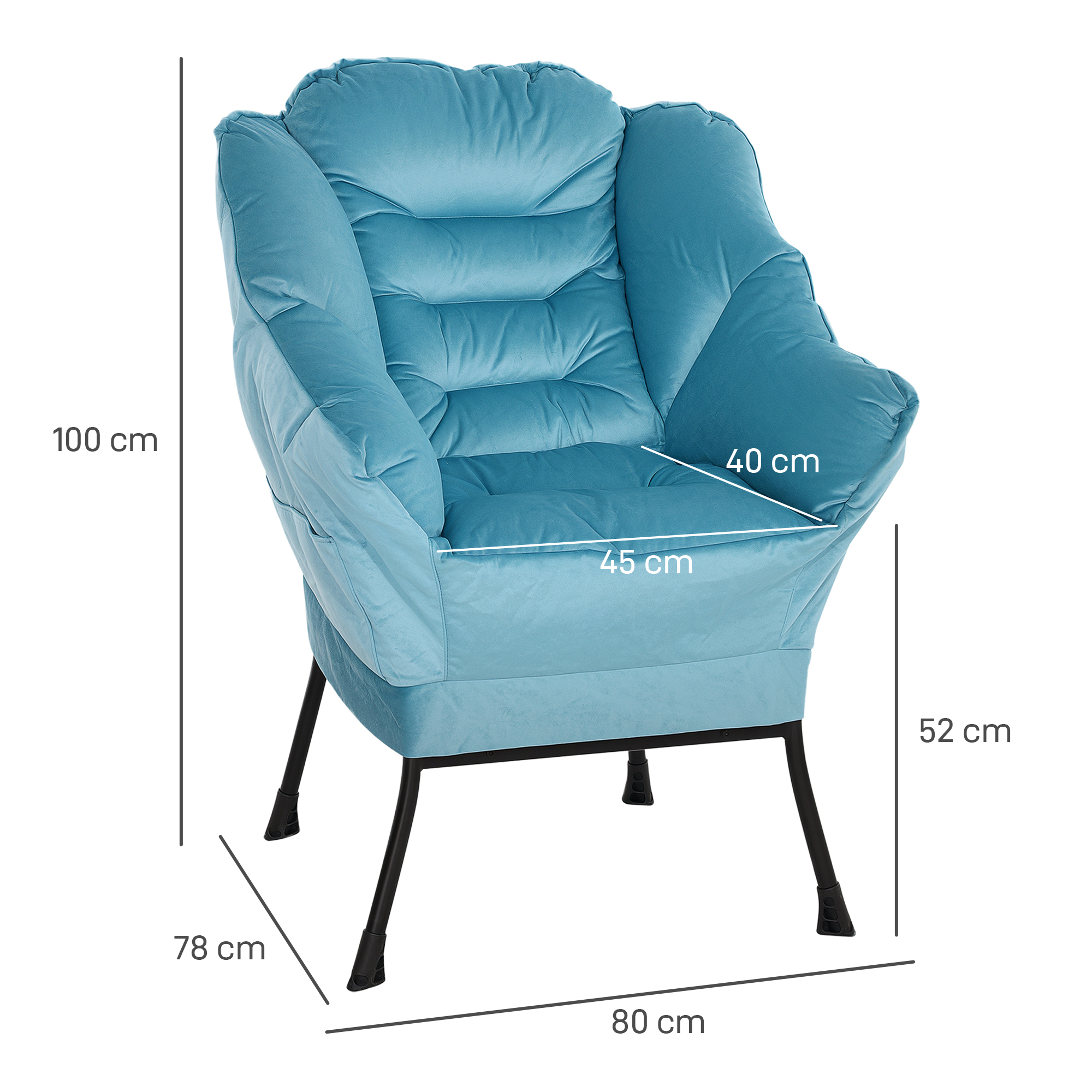Ein hellblauer Stuhl mit Maßen: 100 cm hoch, 80 cm breit, 78 cm tief und der Sitz ist 45 cm breit.