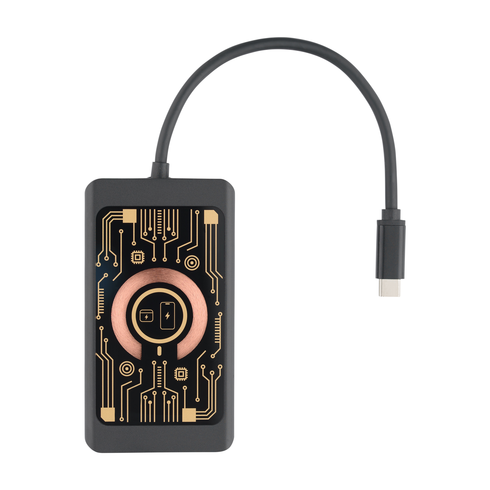 Czarne urządzenie z wzorem płytki drukowanej i kablem USB. Białe tło.