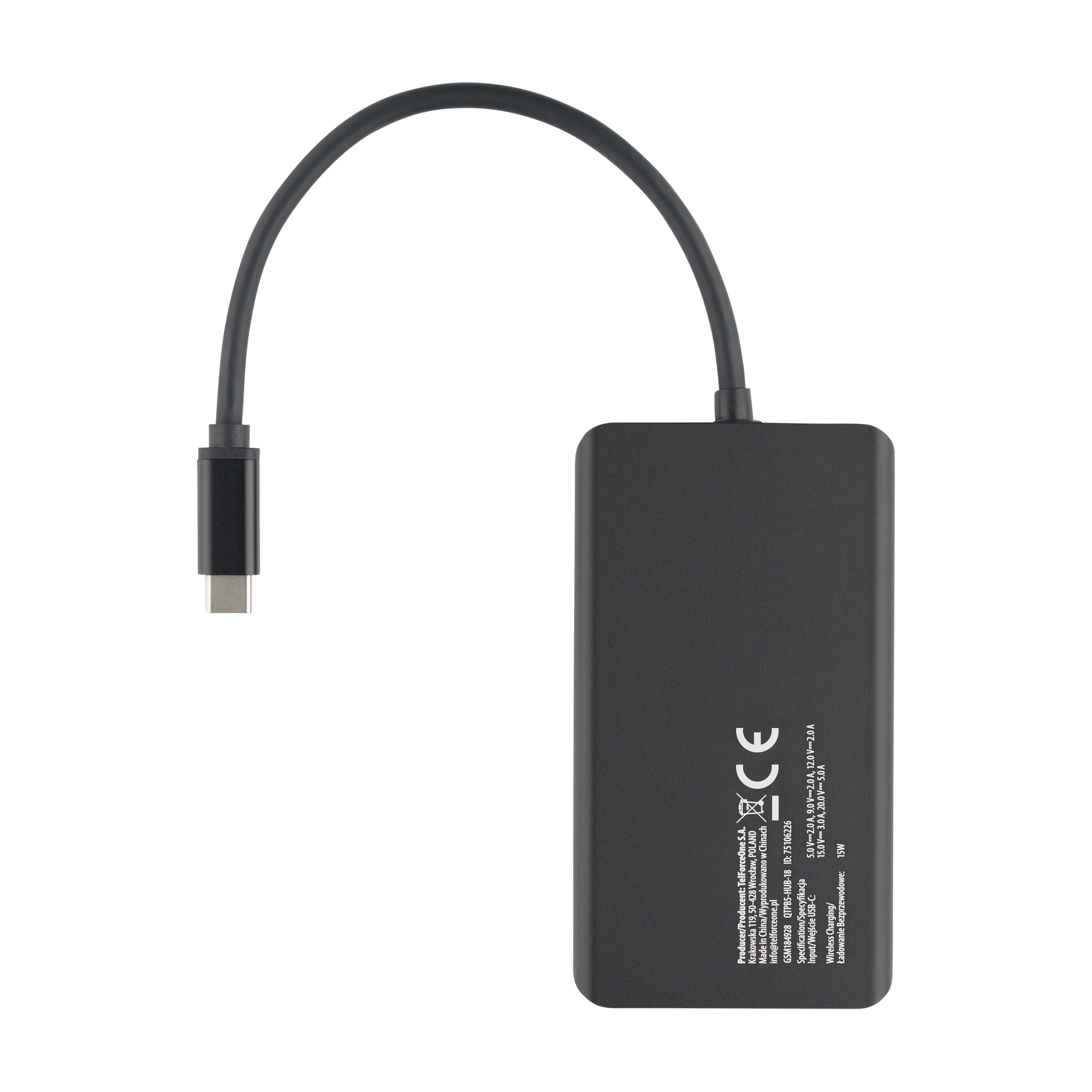 Czarny kabel ładujący USB-C podłączony do czarnego power banku, z informacjami o produkcie.