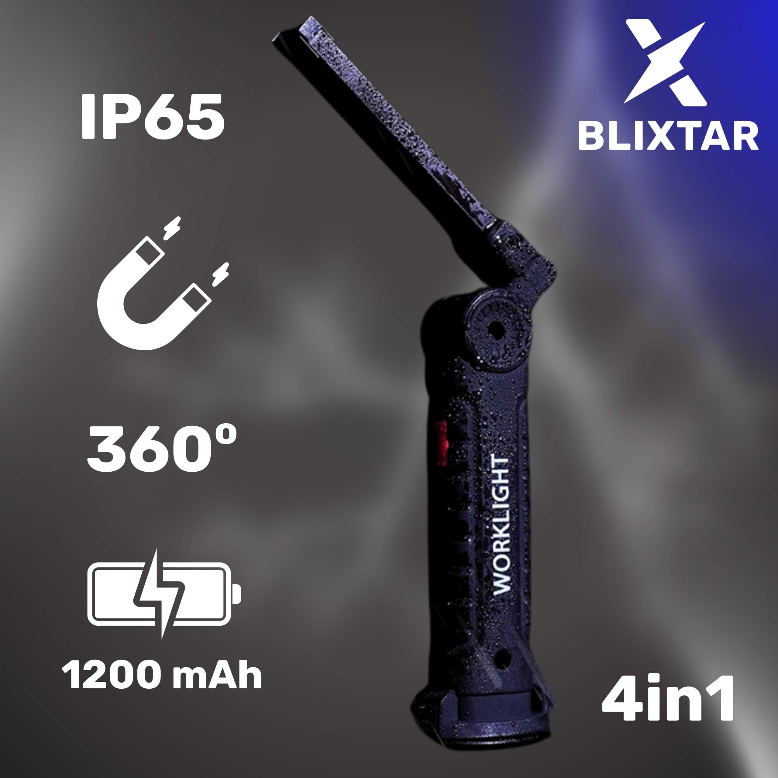 Czarna lampa robocza z podstawą magnetyczną. Posiada funkcję 360° i baterię 1200 mAh.