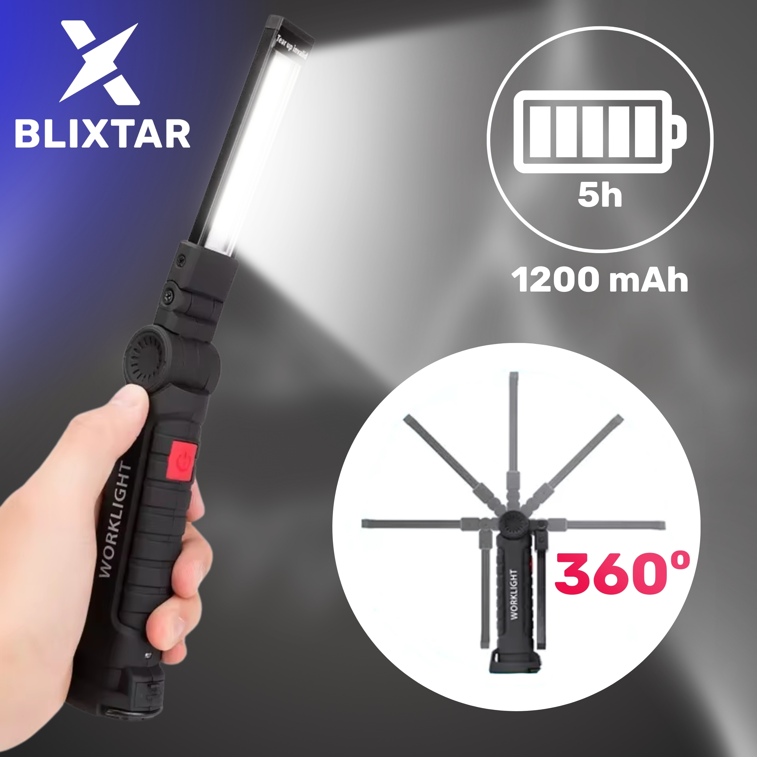 Czarna lampa robocza trzymana w dłoni. Listwa świetlna jest włączona. Schemat pokazuje obrót o 360° i ikonę baterii.