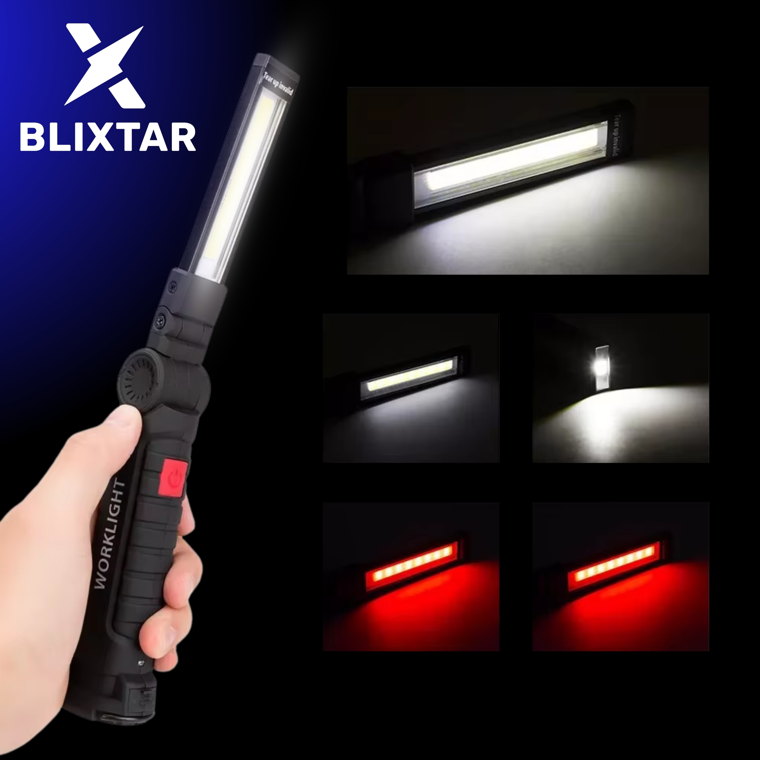 Czarna i czerwona lampa robocza w dłoni, z różnymi trybami oświetlenia. Widoczne logo Blixstar.