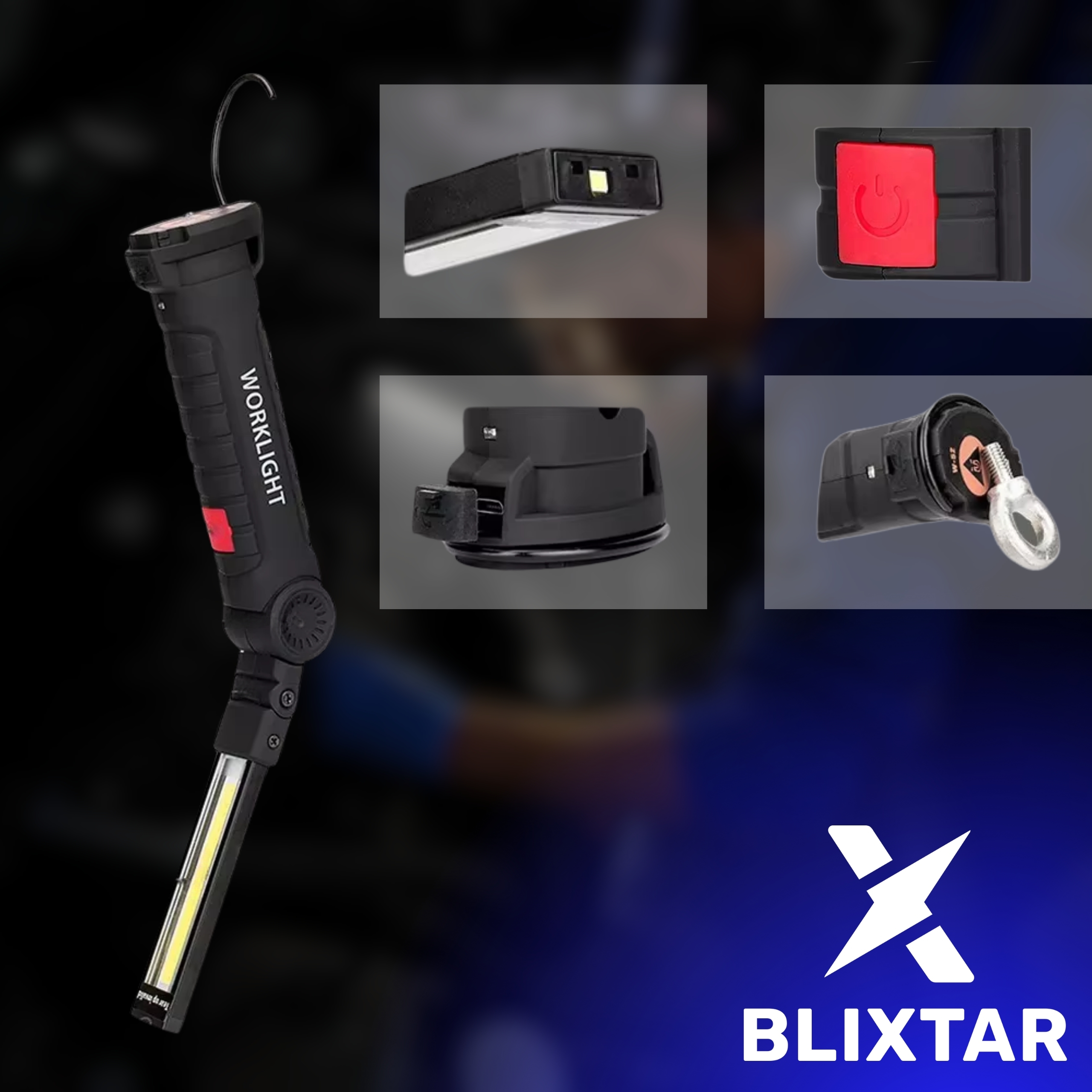 Czarna lampa robocza z czerwonym przyciskiem i dodatkowymi detalami. Lampa robocza z hakiem.