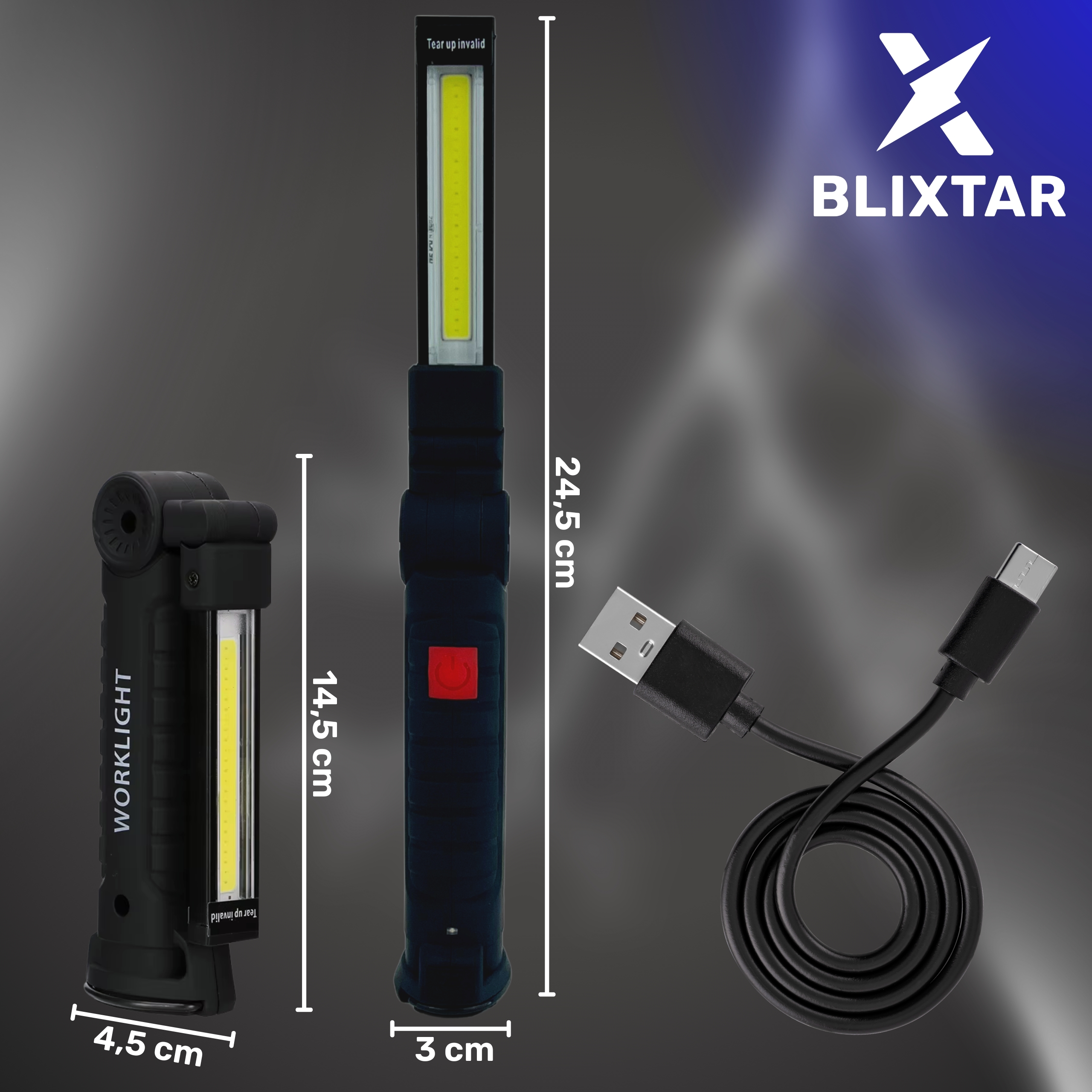 Trzy lampy robocze z wymiarami. Jedna złożona, jedna rozłożona, obok kabel USB.