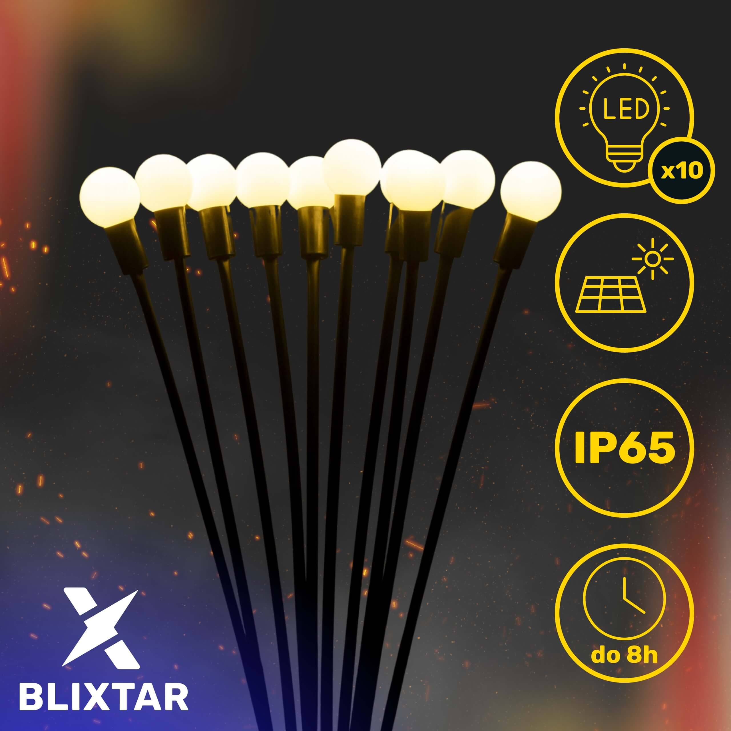 Solarne lampy ogrodowe. Dziesięć białych żarówek LED na czarnych trzonkach. Żółte ikony wskazują LED i energię słoneczną.