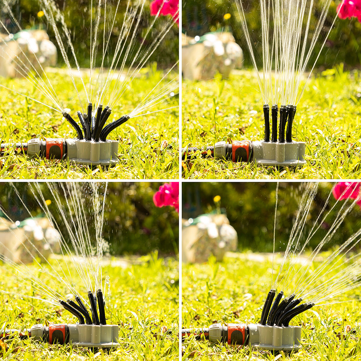 Vier Bilder zeigen eine Sprinkleranlage. Wasser spritzt aus der Sprinkleranlage über grünes Gras in einem Garten.