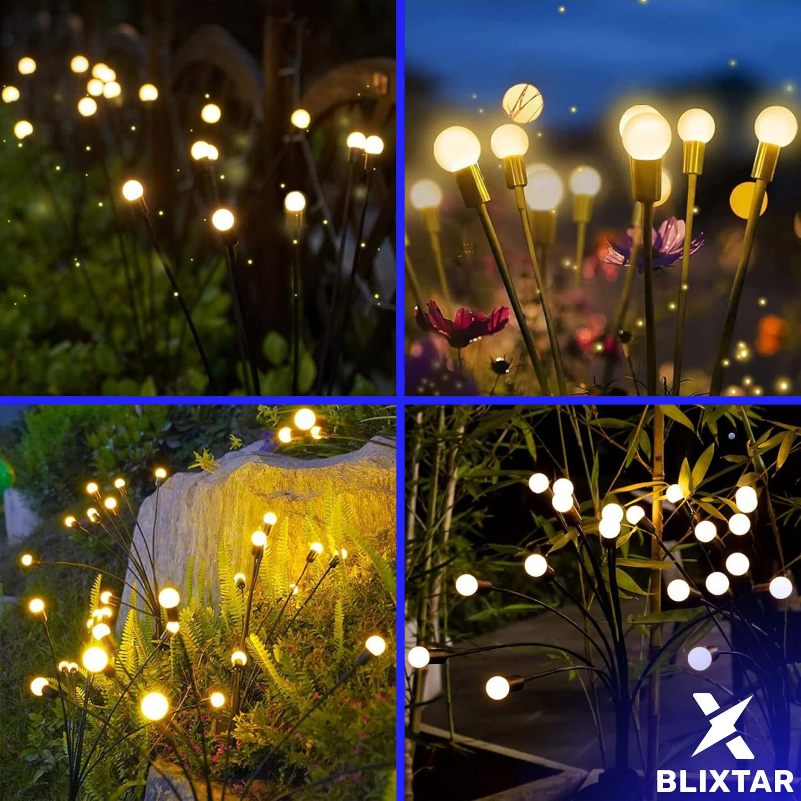 Cztery zdjęcia oświetlenia zewnętrznego. Wyglądają jak świetliki. Są w otoczeniu ogrodu z roślinami i kwiatami.