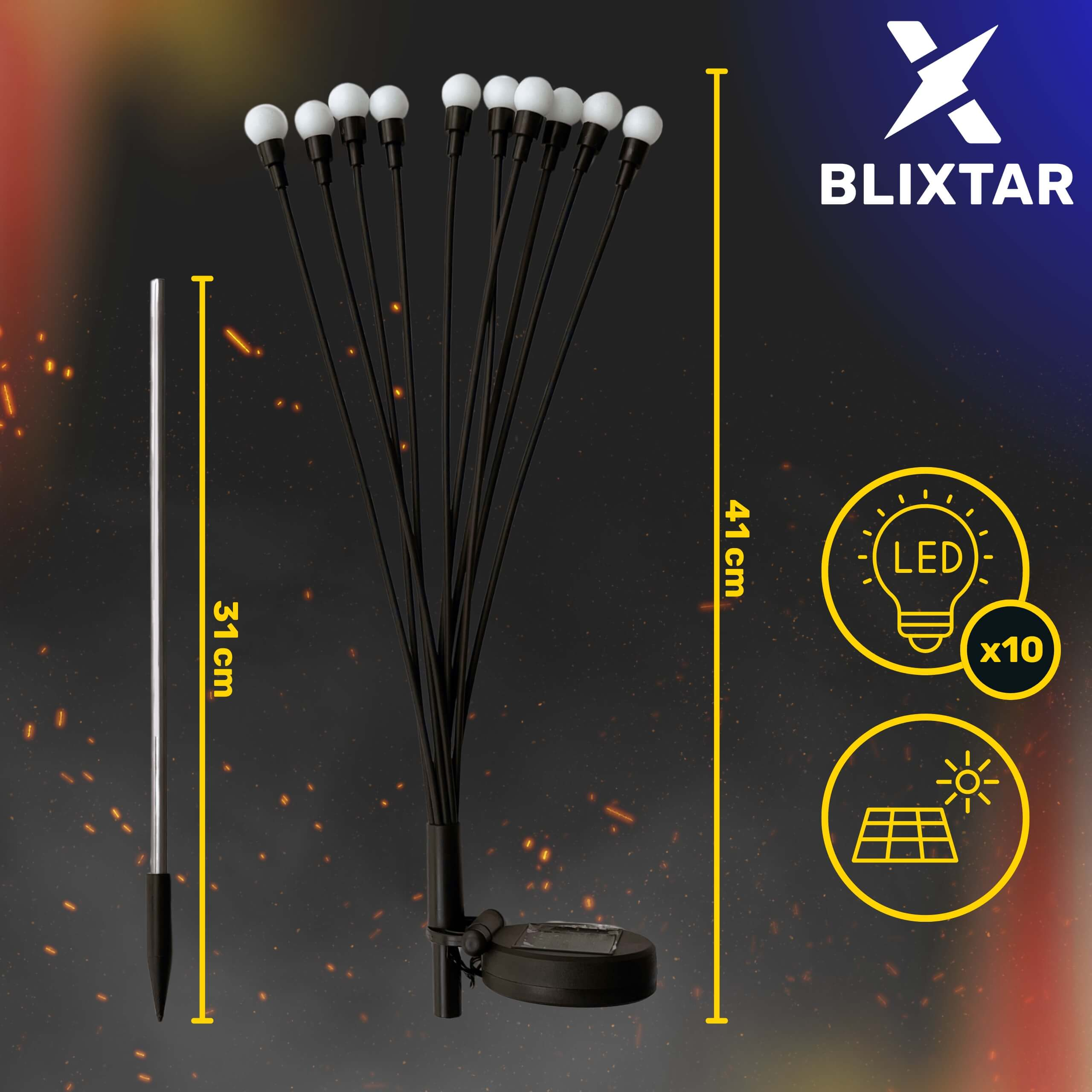 Zestaw czarnych solarnych lamp ogrodowych z białymi żarówkami. Wymiary są wskazane.