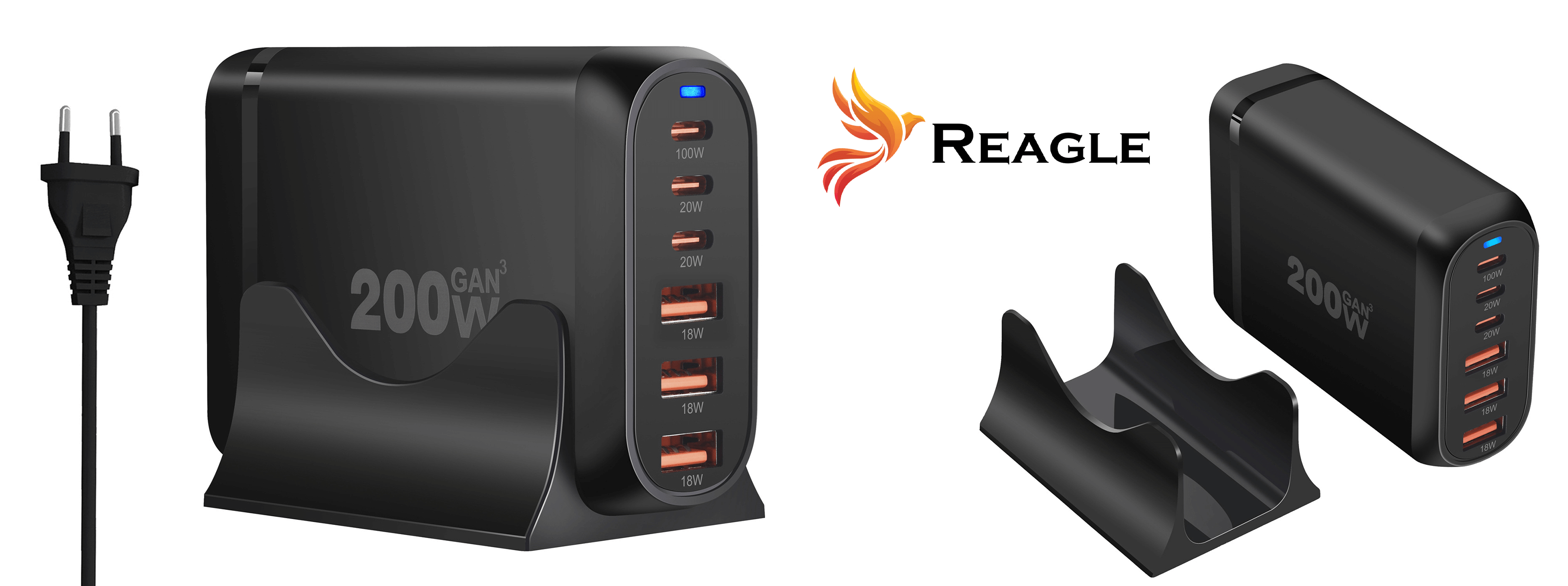 Czarna ładowarka z wieloma portami i oddzielną stacją ładującą.