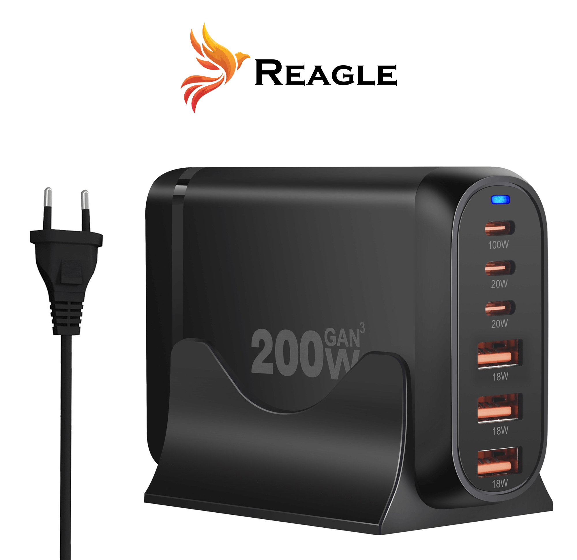 Czarny zasilacz z wieloma portami USB i wtyczką. Marka to Reagle.