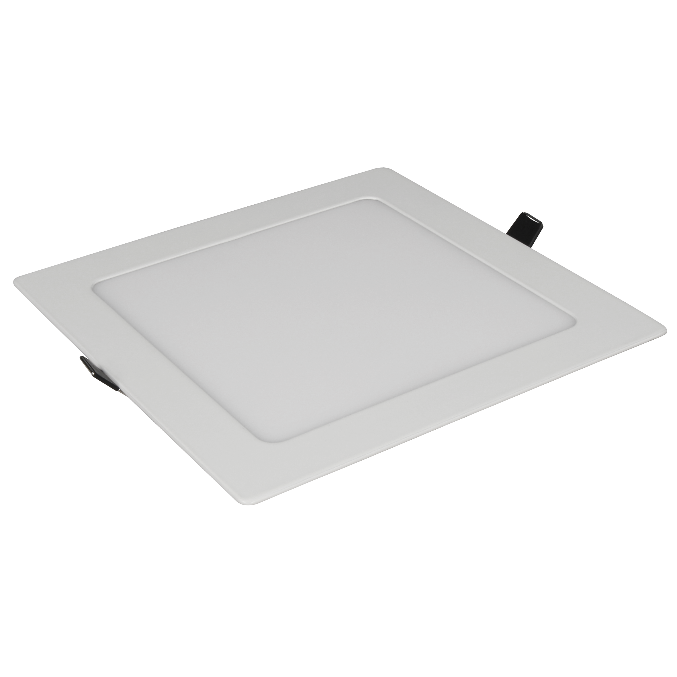 Ein weißes quadratisches LED-Panel für Einbauleuchten, abgewinkelt auf schwarzem Hintergrund.