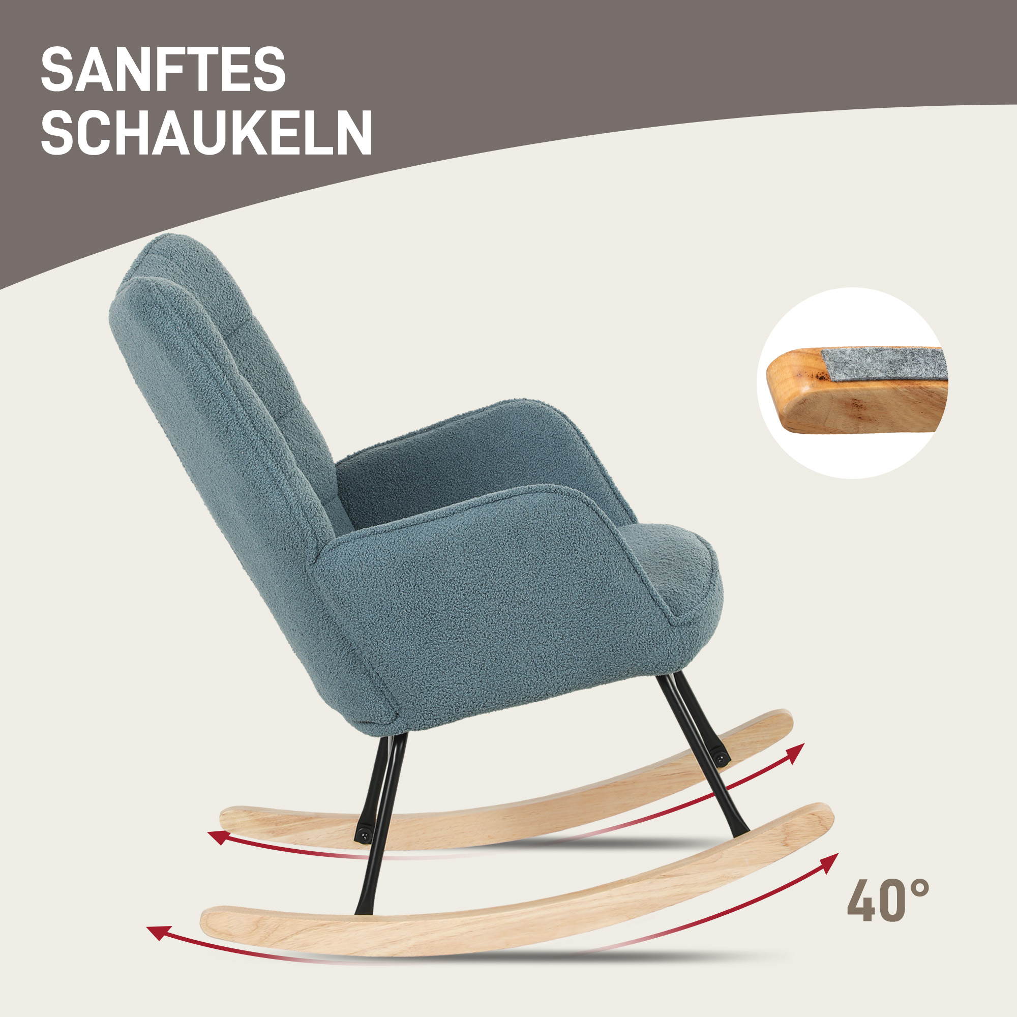 Ein blauer Schaukelstuhl mit Holzwippen und schwarzen Metallbeinen, mit Text darüber.