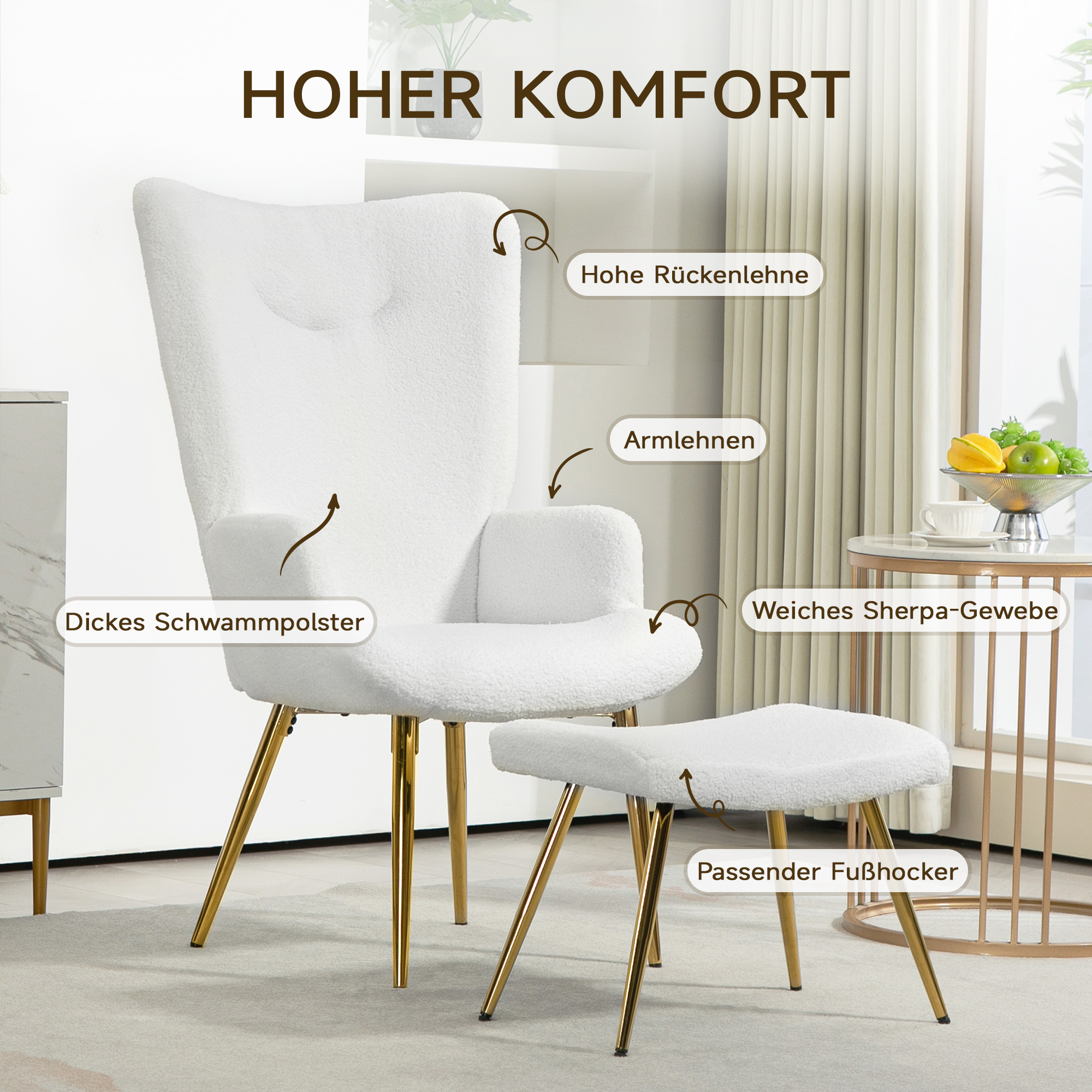 Weißer Sherpa-Stuhl und Hocker mit goldenen Beinen. Deutsche Textetiketten beschreiben Teile des Stuhls.