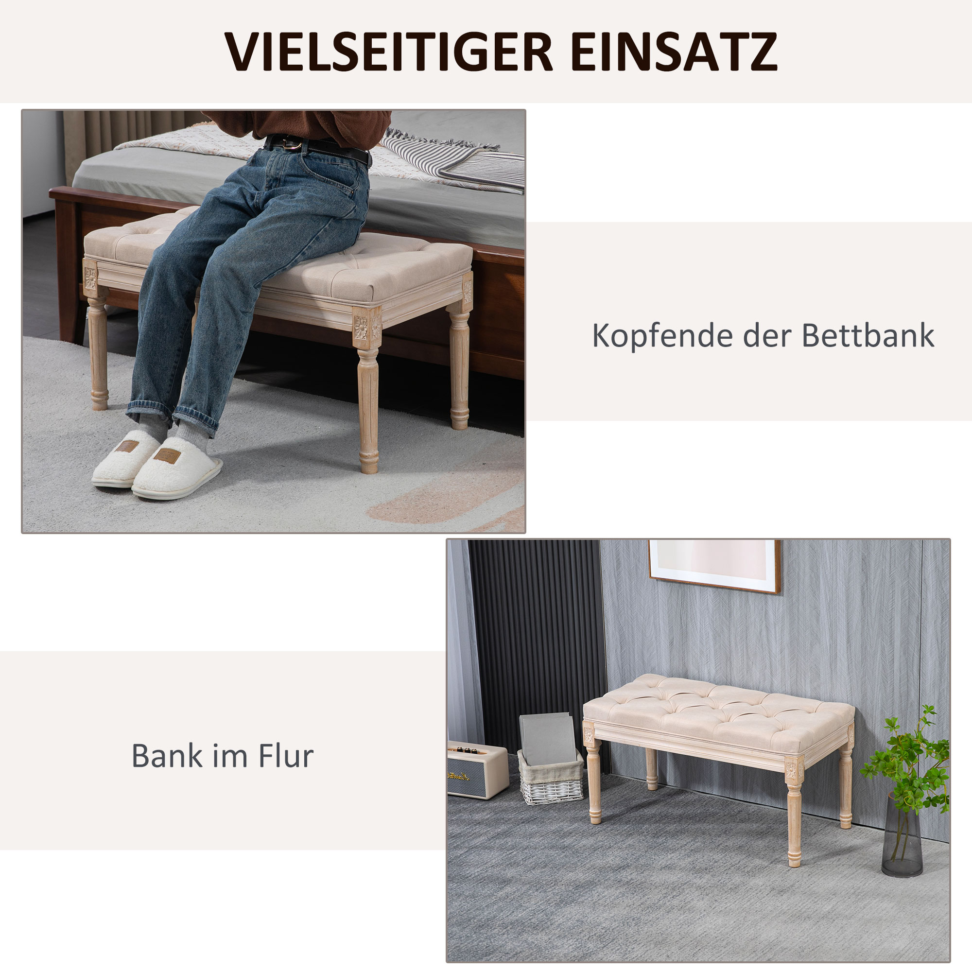 Eine Bank mit hellfarbener Polsterung und Holzbeinen. Sie steht vor einem Bett und in einem Flur.