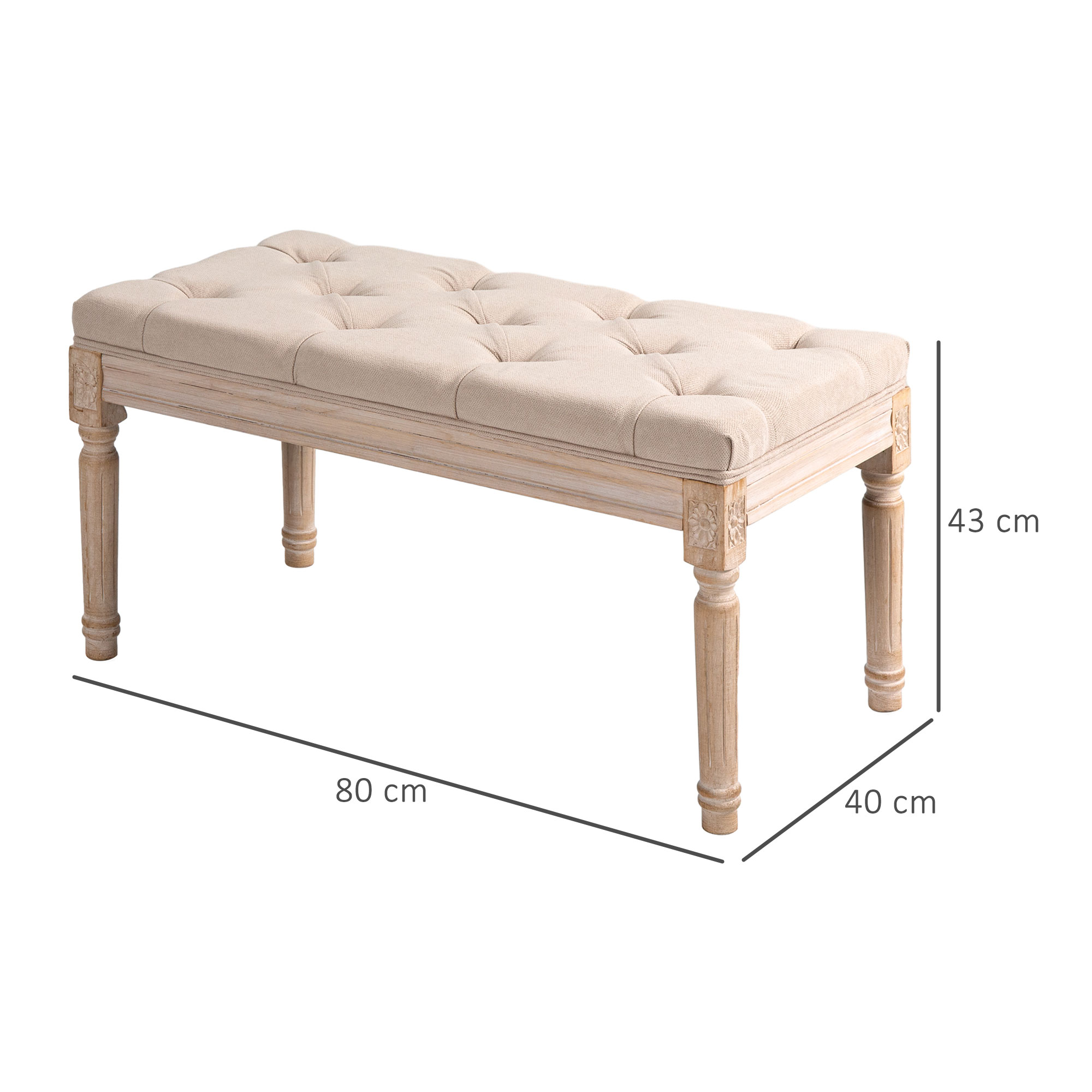 Eine beige, knopfgetuftete Bank mit Holzbeinen, Abmessungen in Zentimetern sind angegeben.