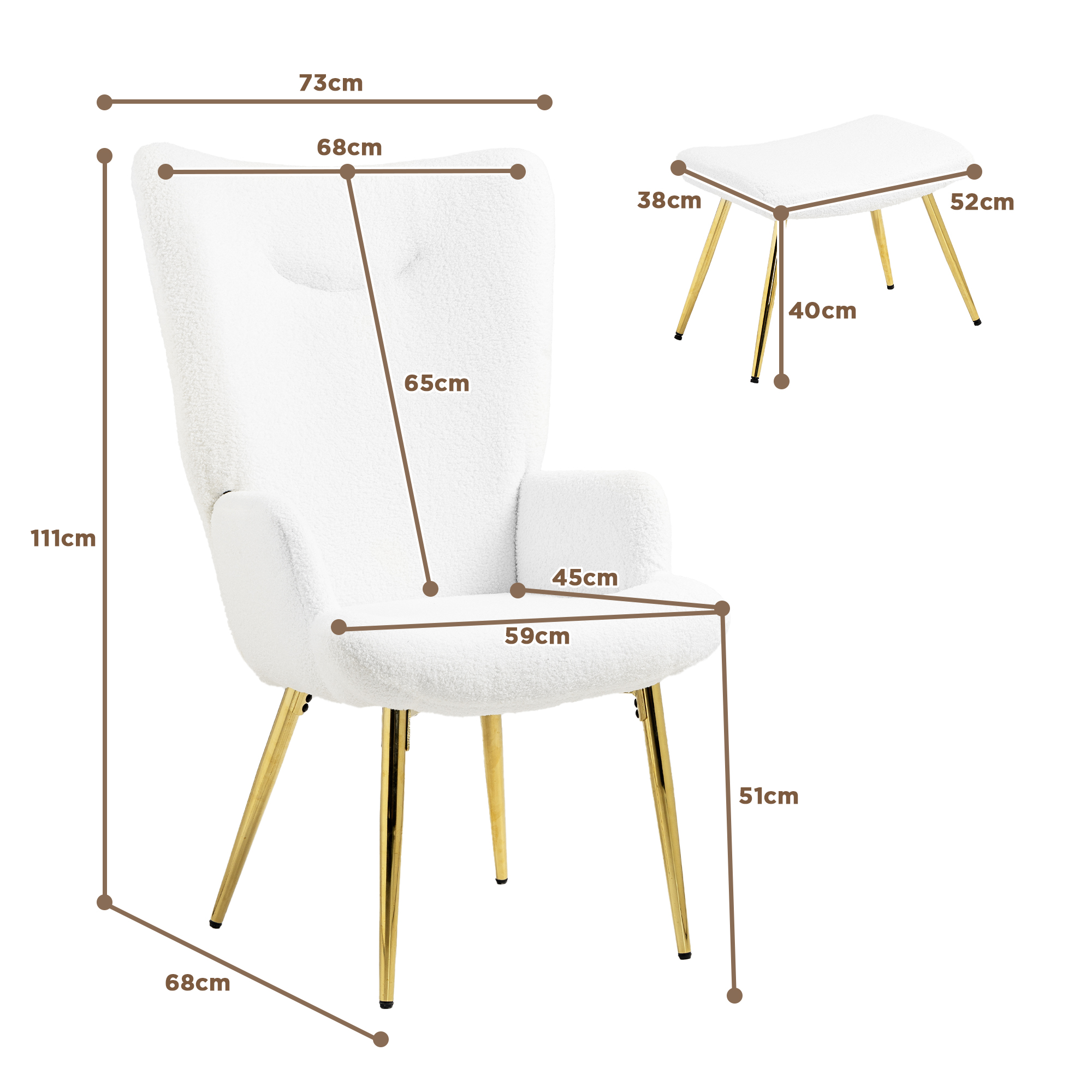 Ein weißer Stuhl mit goldenen Beinen und ein passender Hocker. Abmessungen werden angezeigt.