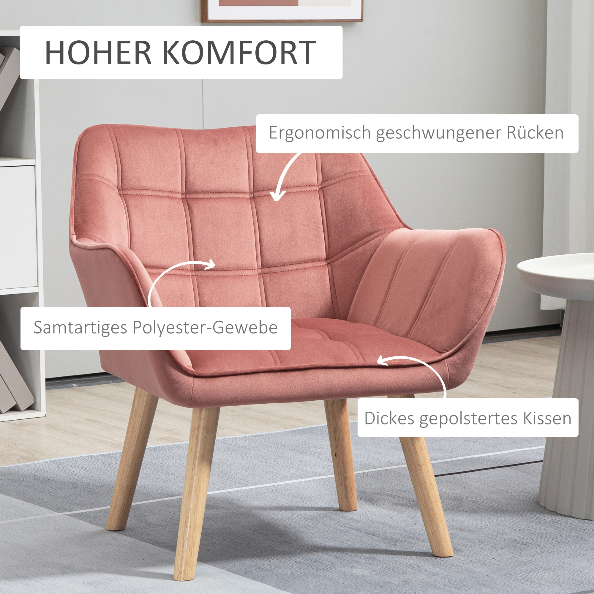 Rosa Sessel mit Holzbeinen. Textbezeichnungen: bequem, ergonomischer Rücken und gepolstertes Kissen.