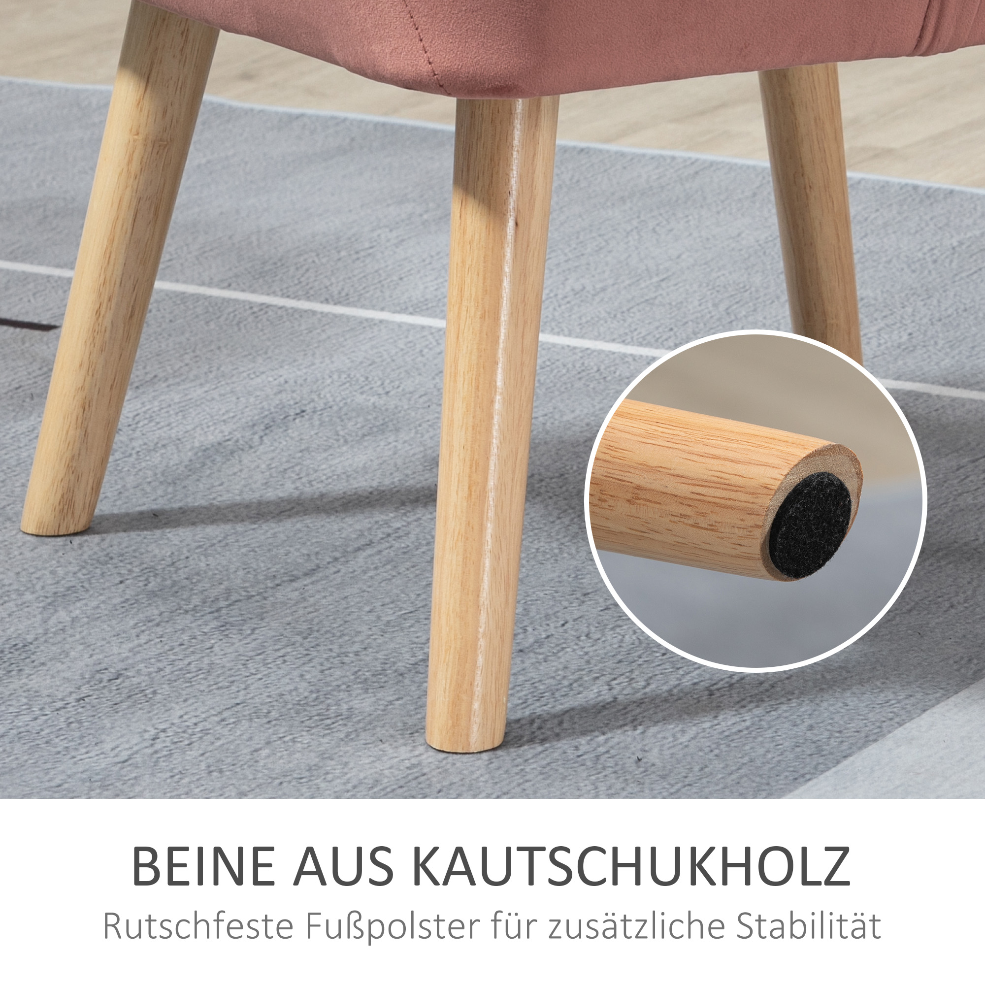 Holzstuhlbeine mit Nahaufnahme des Gummifußes.