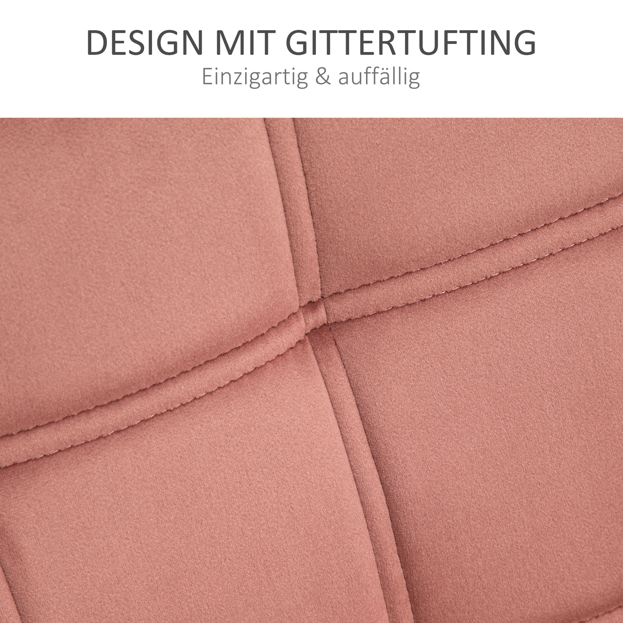 Nahaufnahme von rosa, getuftetem Stoff mit abgesteppten Linien, die Textur und Design zeigen.