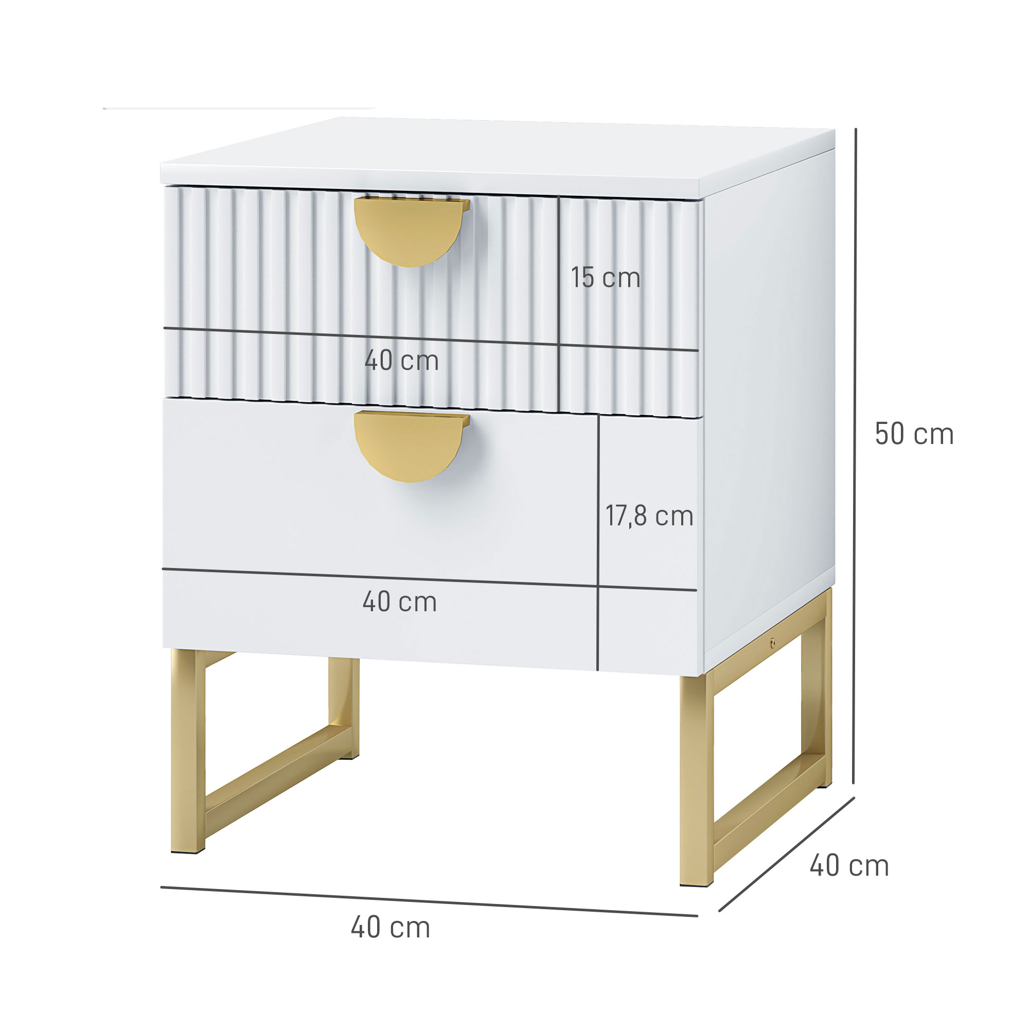Weißer Nachttisch mit goldenen Akzenten, mit angegebenen Maßen. Weißer Hintergrund.