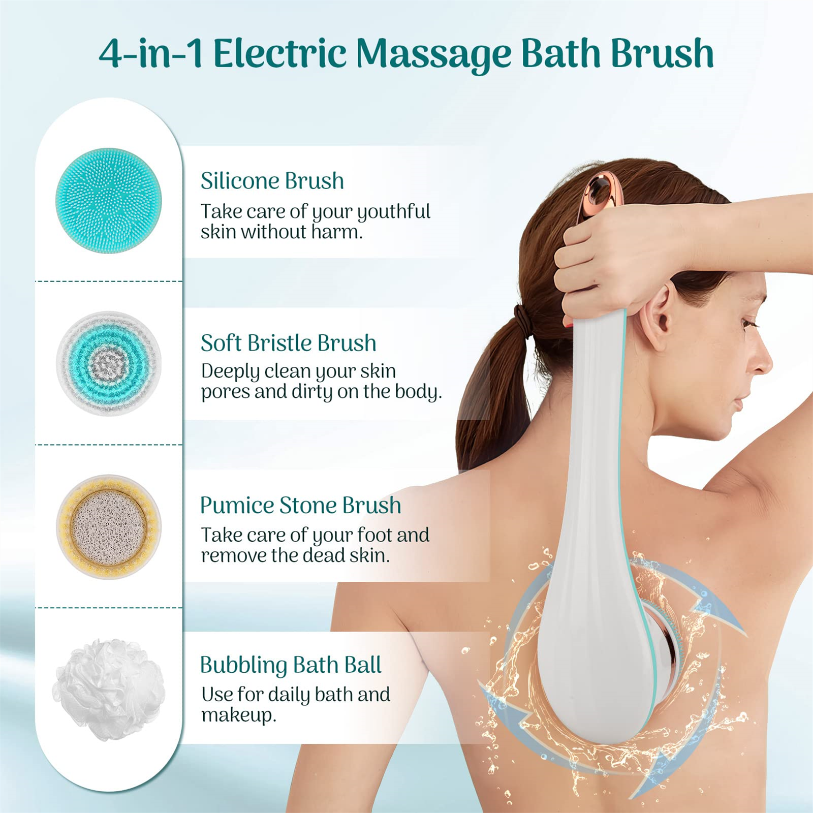 Frau benutzt eine 4-in-1 elektrische Massage-Badebürste. Verschiedene Bürstenköpfe gezeigt.