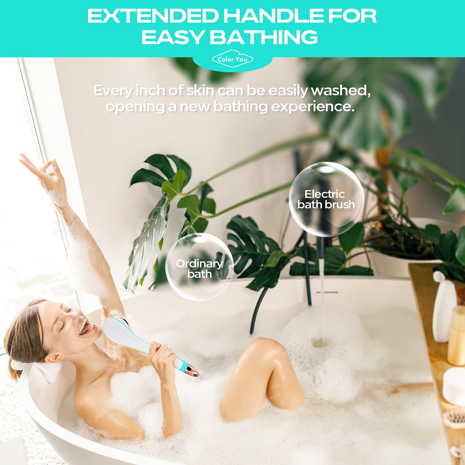 Eine Frau genießt ein Bad mit einer Badebürste. Text wirbt für einfaches Baden.