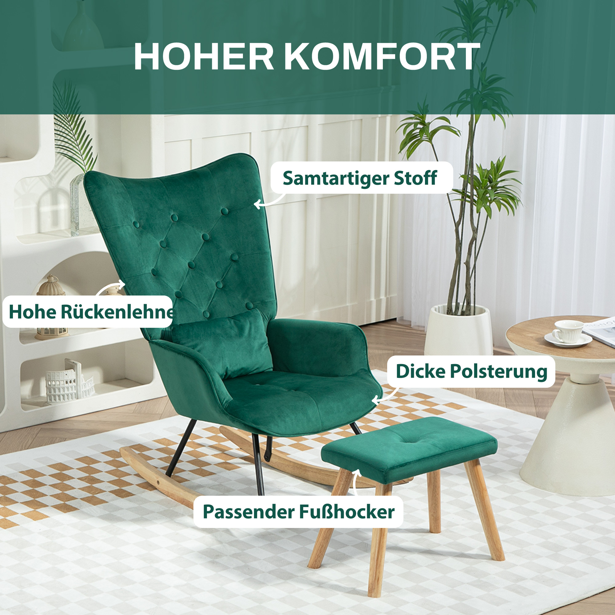 Ein grüner Sessel mit passendem Fußhocker. Der Sessel hat eine hohe Rückenlehne und ist auf Holzschaukeln.