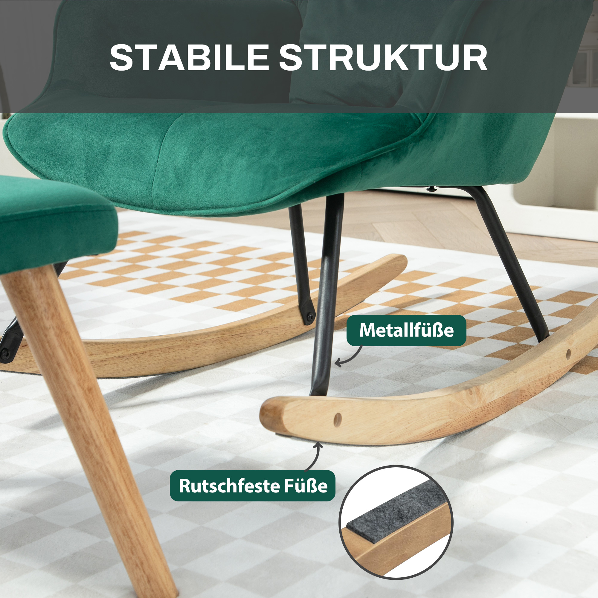 Grüner Schaukelstuhl mit Holzläufern und schwarzen Metallbeinen. Karierter Teppich.