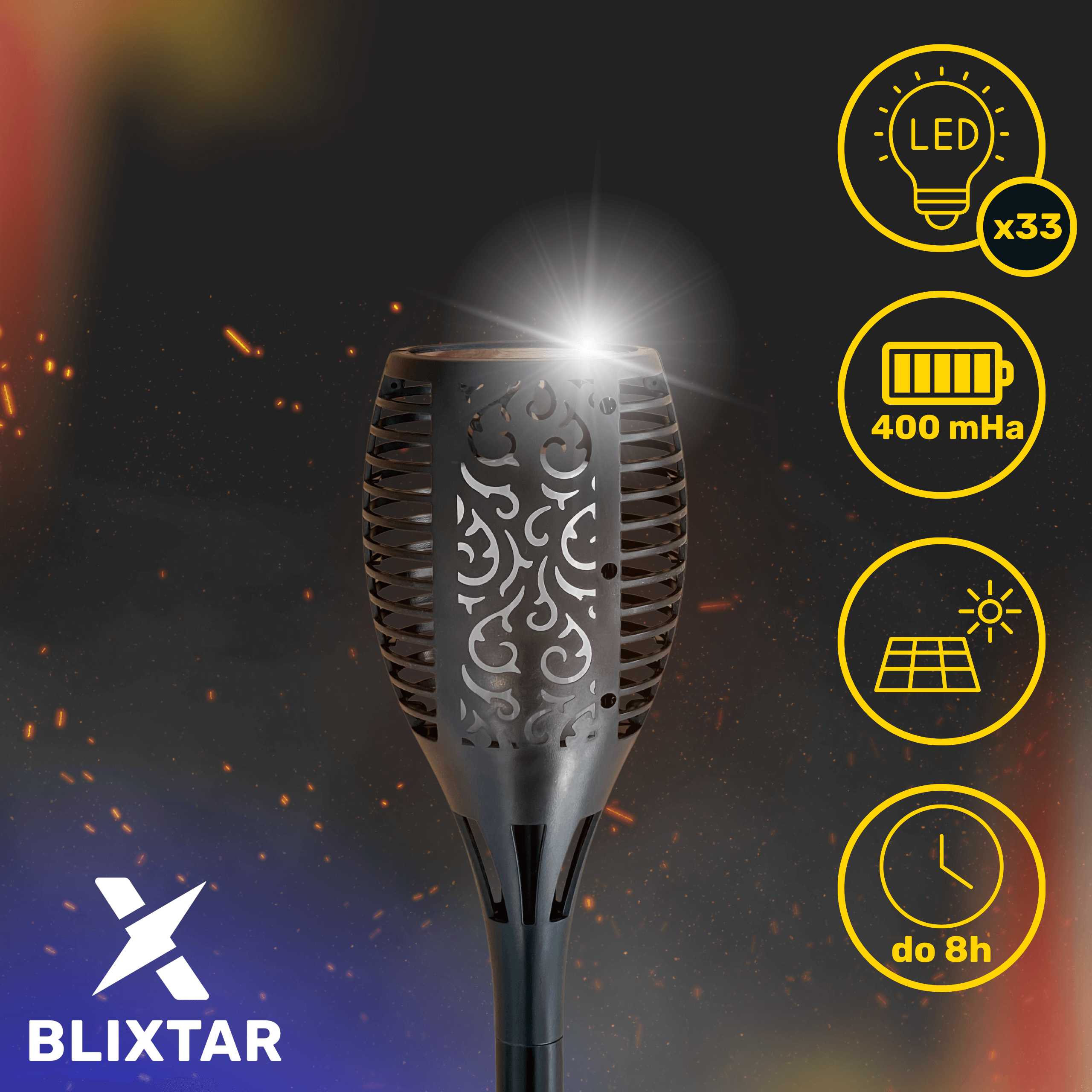 Czarna pochodnia solarna z dekoracyjnym wzorem, otoczona iskrami i ikonami.