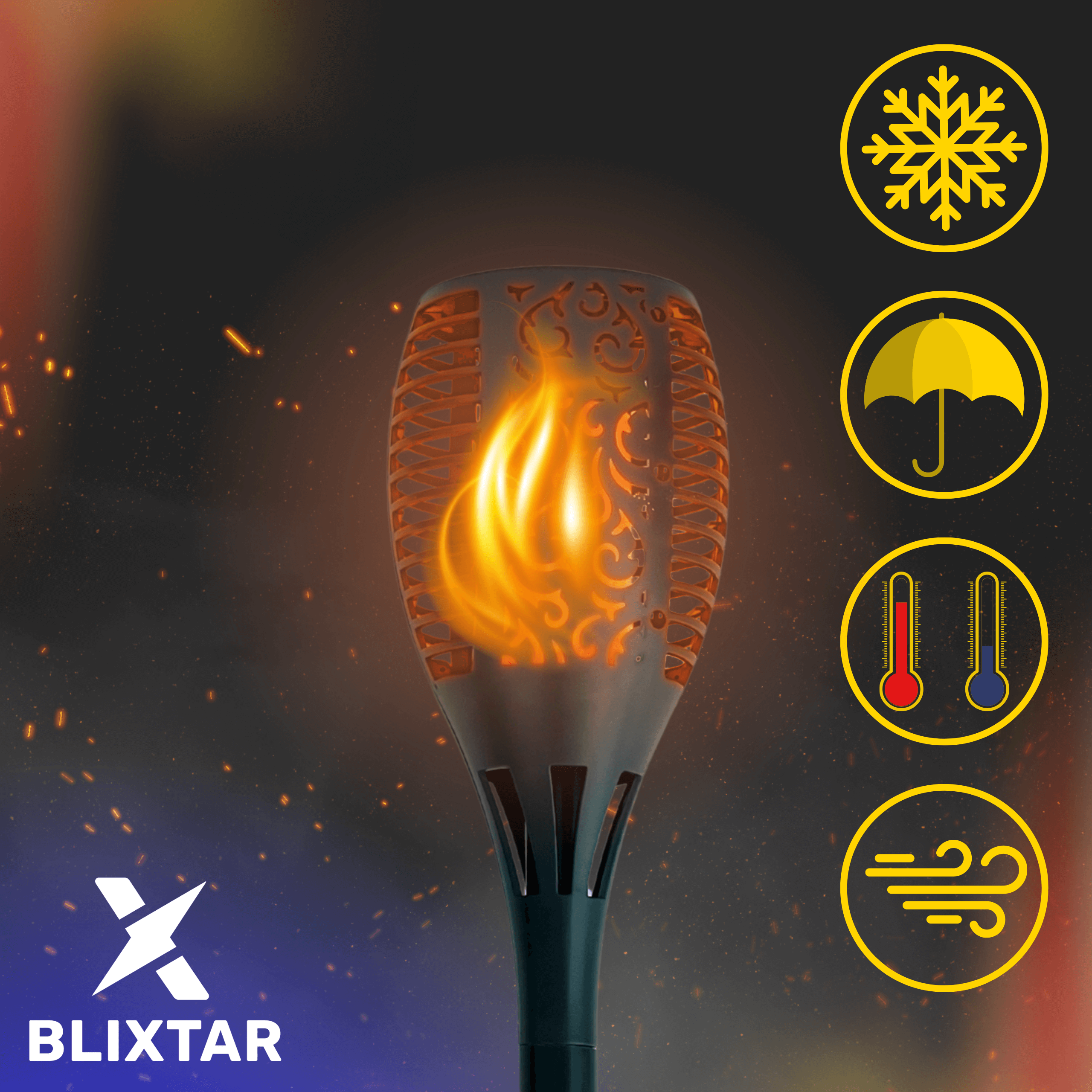 Dekoracyjna pochodnia z efektem płomienia i ikonami pogody po prawej stronie. Tekst: BLIXTAR.