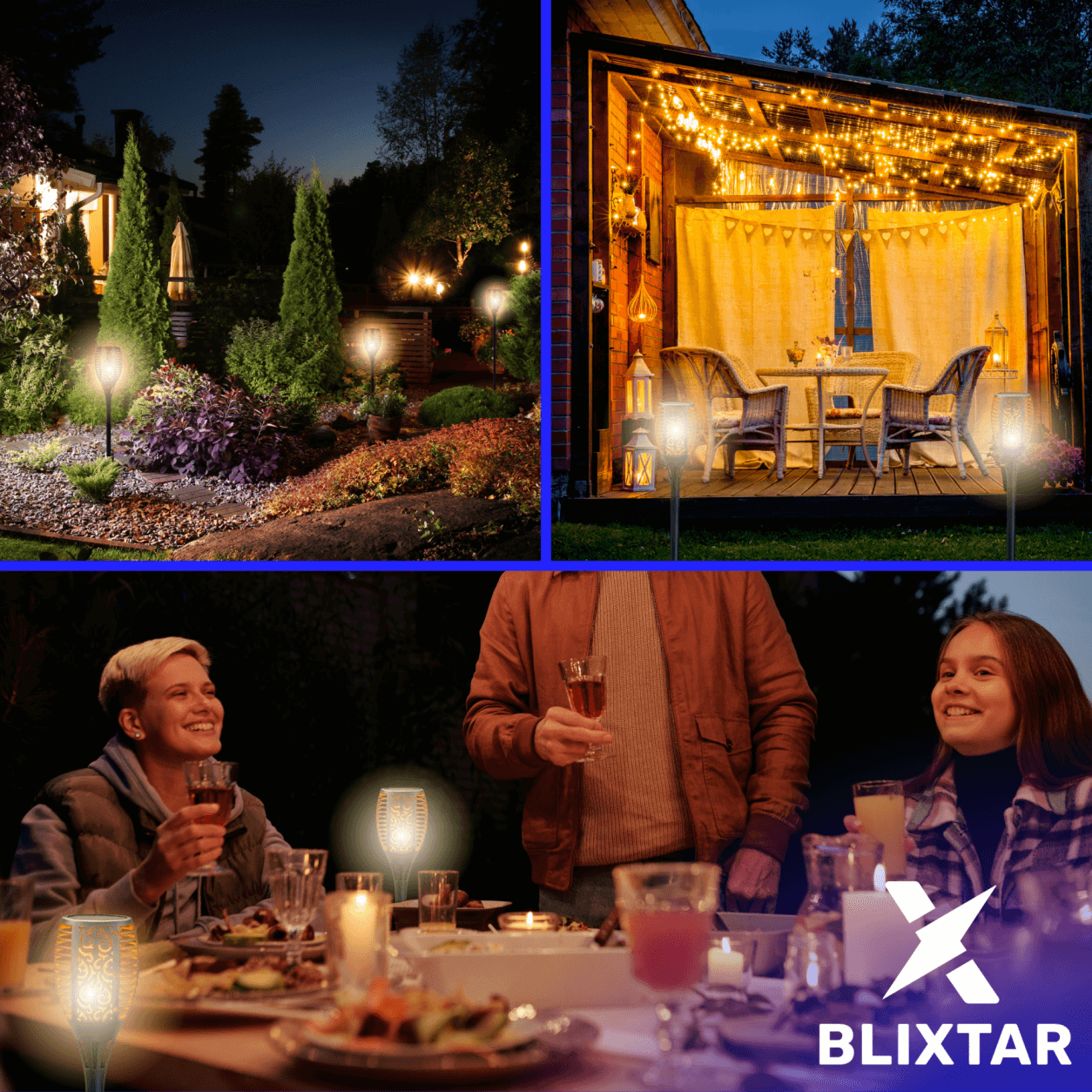 Kolaż przedstawiający oświetlenie zewnętrzne, przyjęcie na podwórku i ludzi pijących napoje w nocy.