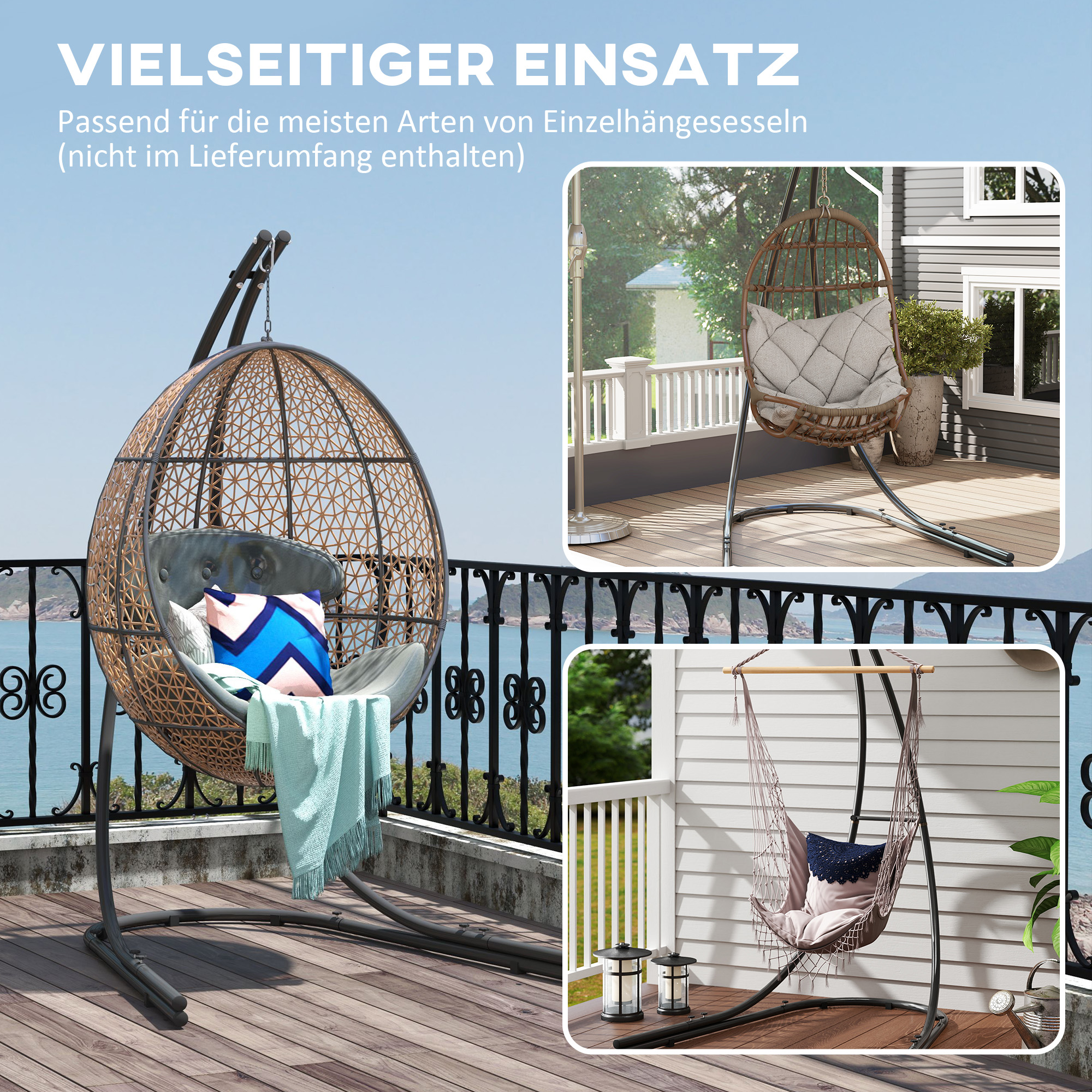 Das Bild zeigt drei Hängestühle mit Kissen. Der erste ist ein Eierstuhl aus Korb auf einem Deck. Im Hintergrund ist das Meer.