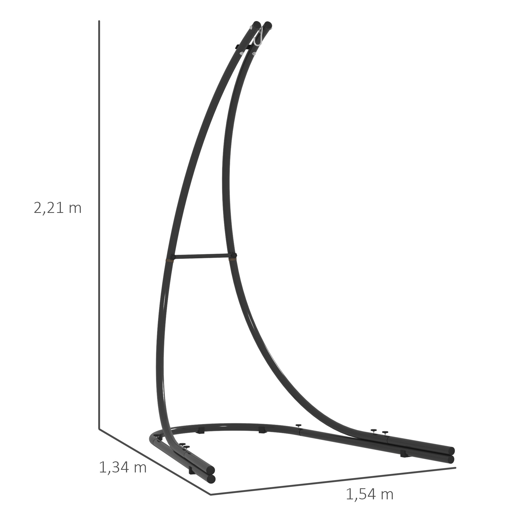 Schwarzer Metall-Hängemattenträger. Abmessungen: 2,21 m hoch, 1,34 m breit, und 1,54 m lang.