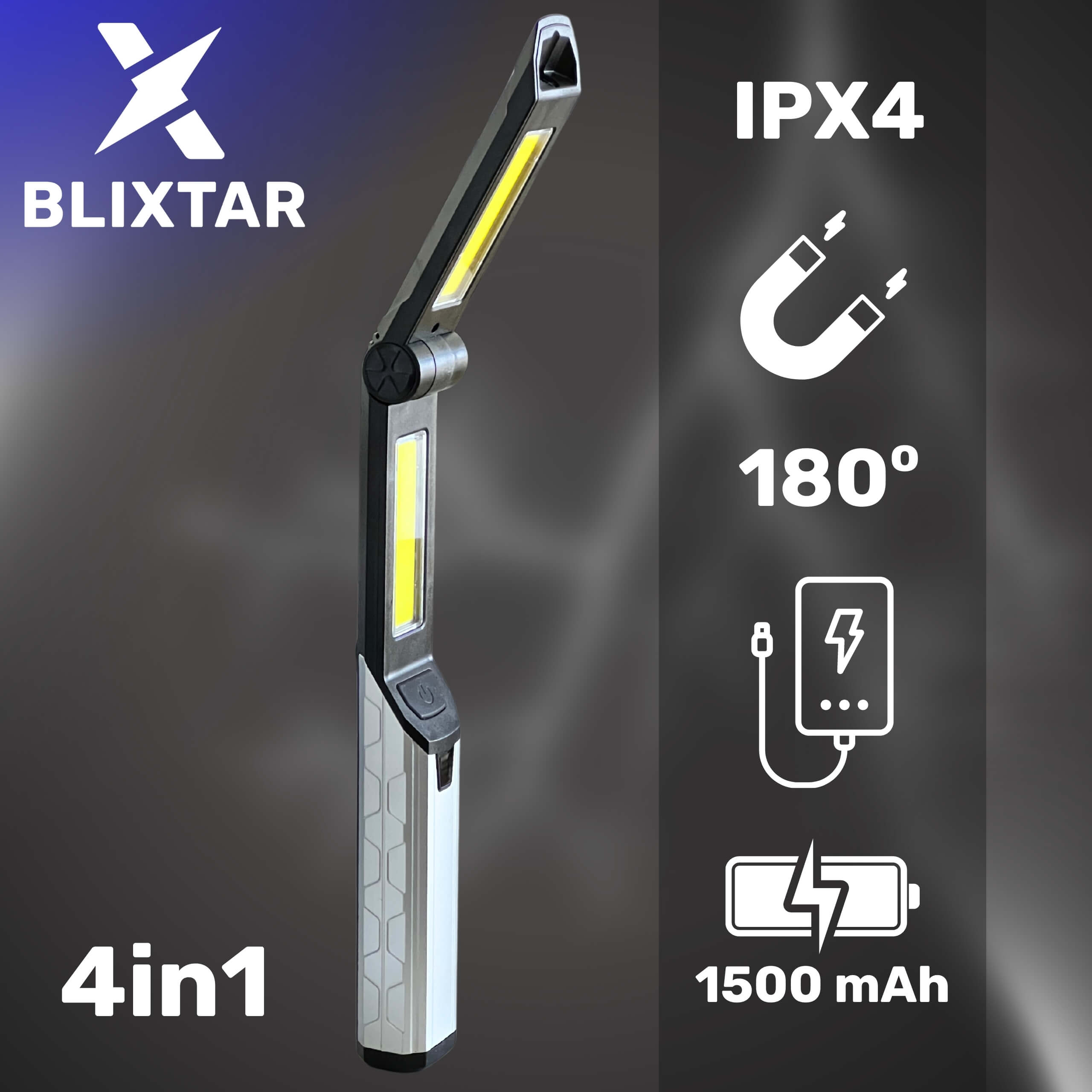 Czarna i srebrna lampa robocza LED, złożona i rozłożona, z ikonami i tekstem.