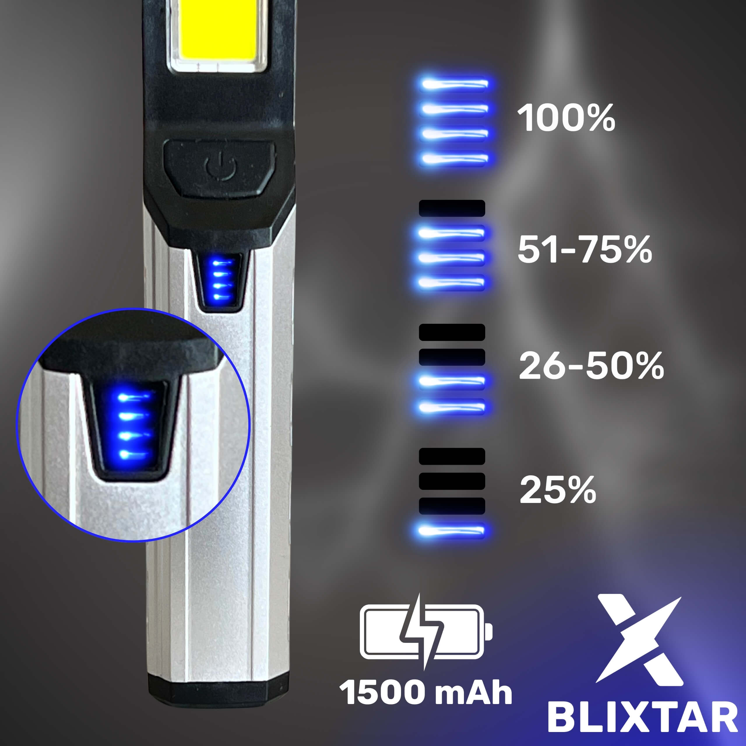 Srebrna latarka z przyciskiem zasilania i wskaźnikiem baterii, pokazuje 100% naładowania.