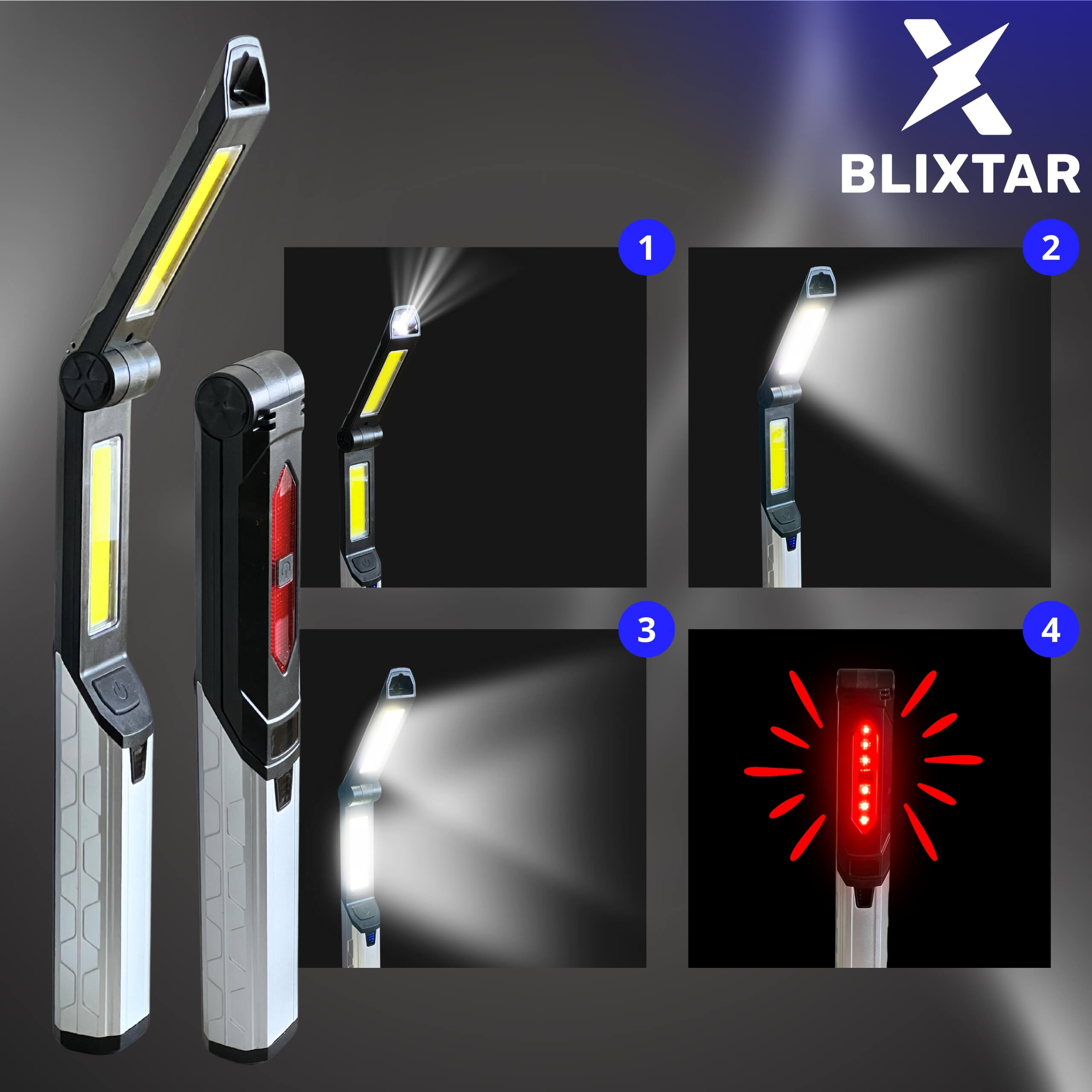 Cztery obrazy lampy roboczej pokazujące różne tryby oświetlenia i czerwone migające światło.