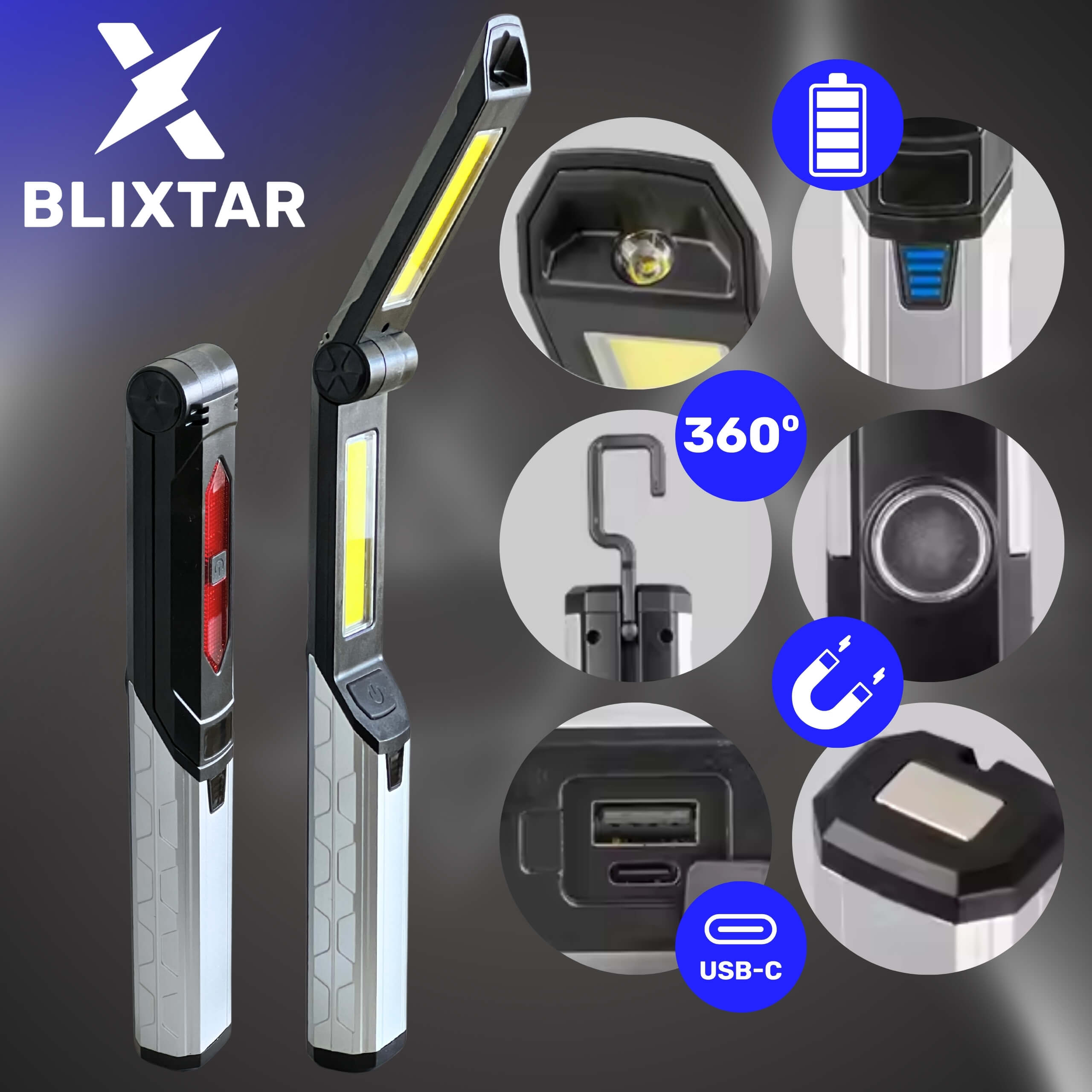 Dwie lampy robocze z logo Blixstar. Jedna złożona, druga rozłożona. Funkcje: hak, port USB-C, magnes.