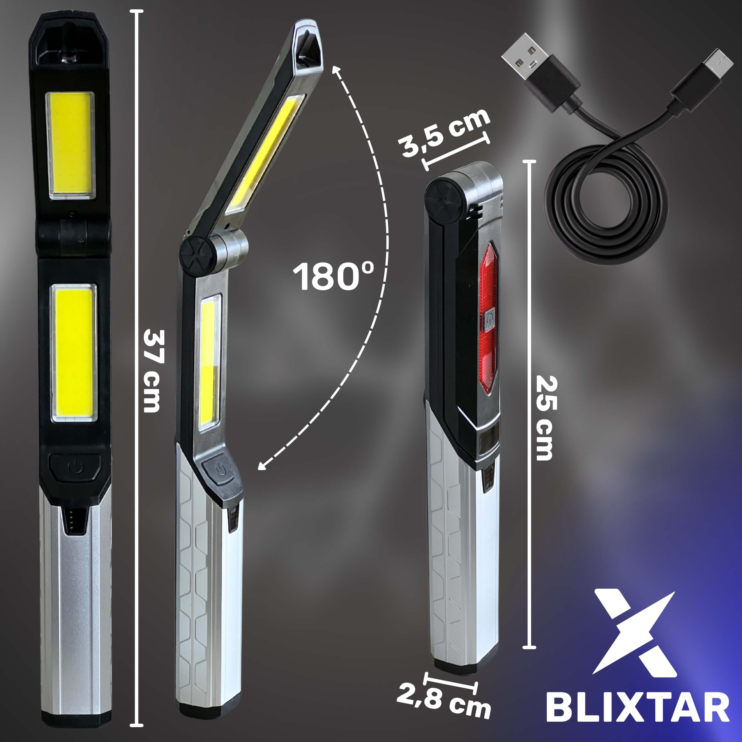 Składana lampa robocza z oznaczonymi wymiarami, pokazująca różne pozycje i kabel USB.