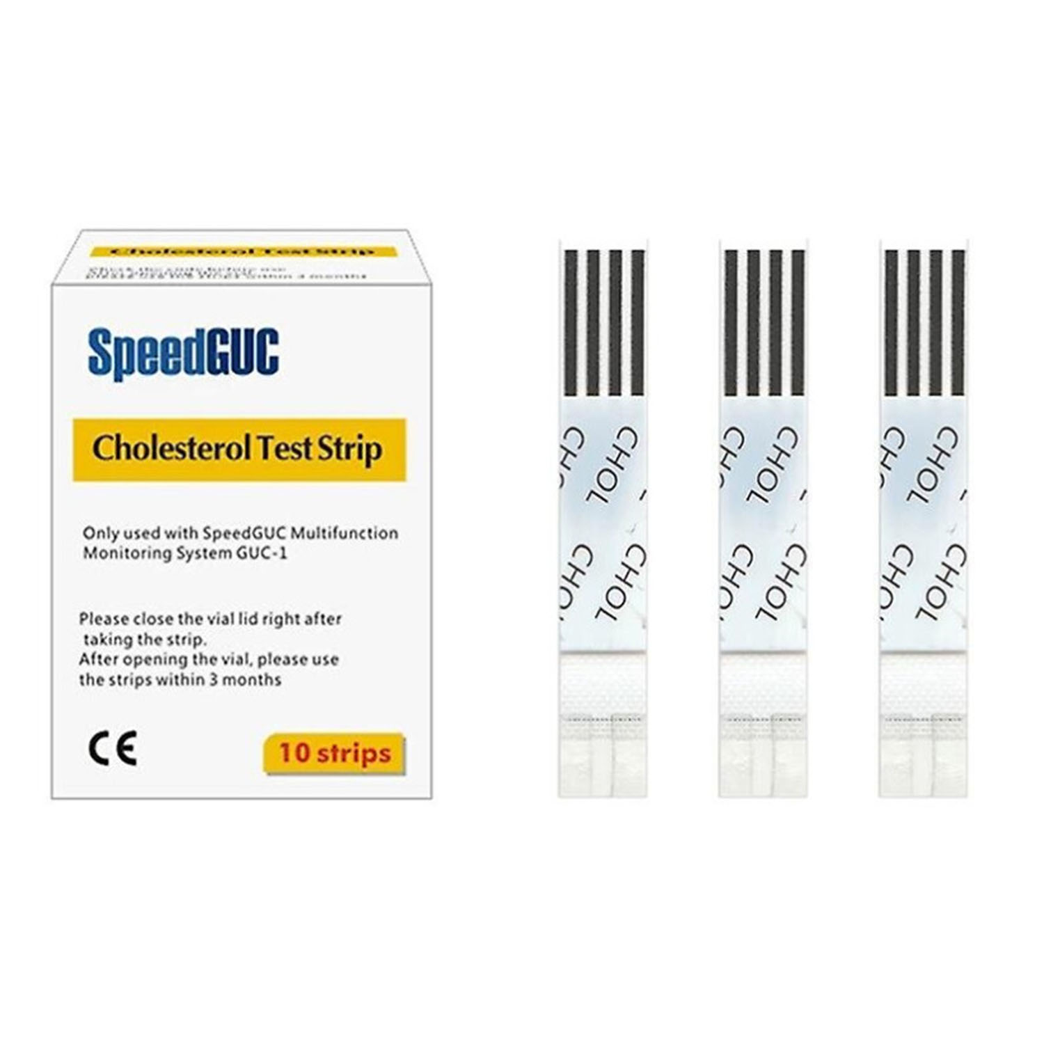 Eine Schachtel mit Cholesterin-Teststreifen und drei Teststreifen im Vordergrund.