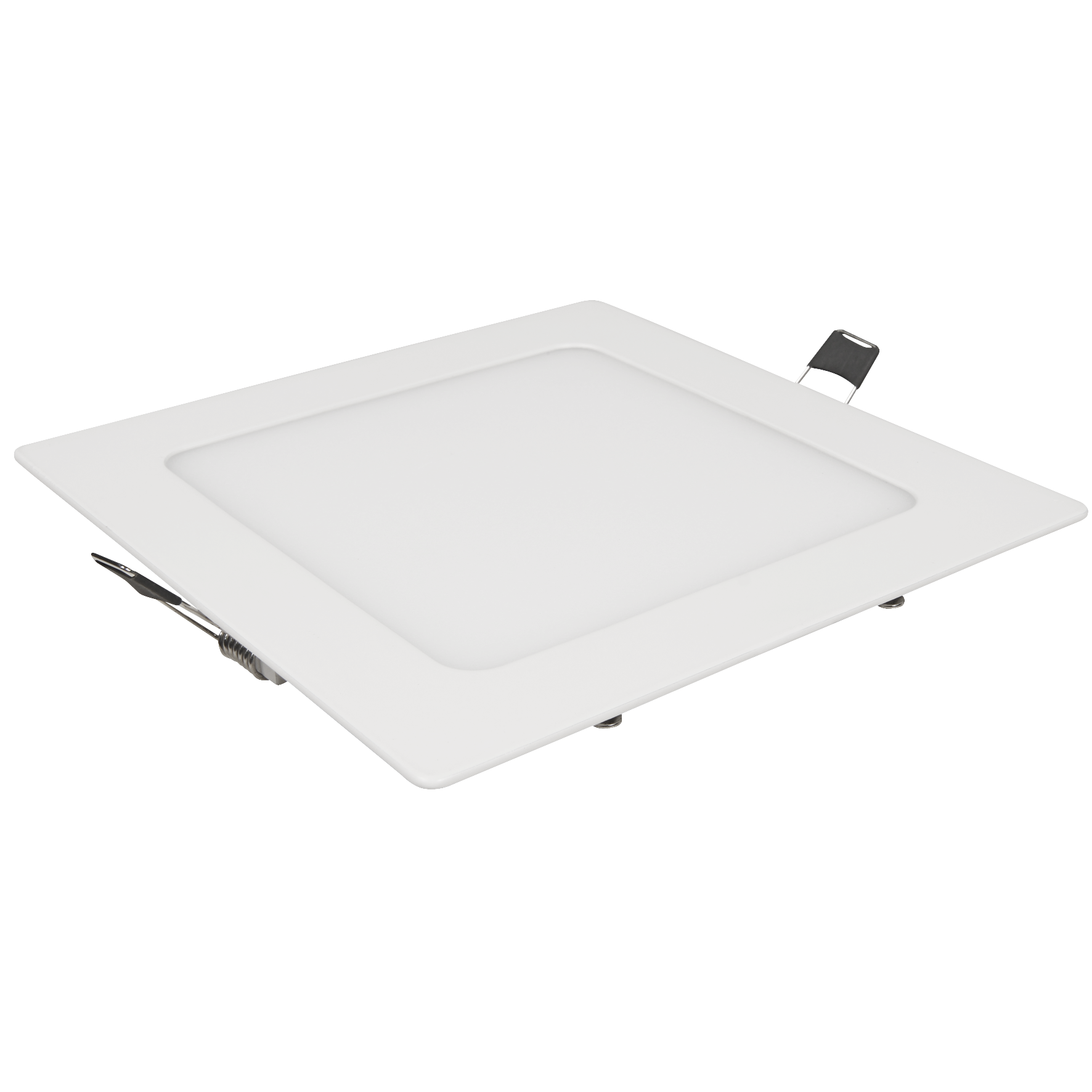 Quadratisches weißes LED-Panel mit einem Einbaulicht, eine moderne Beleuchtung.